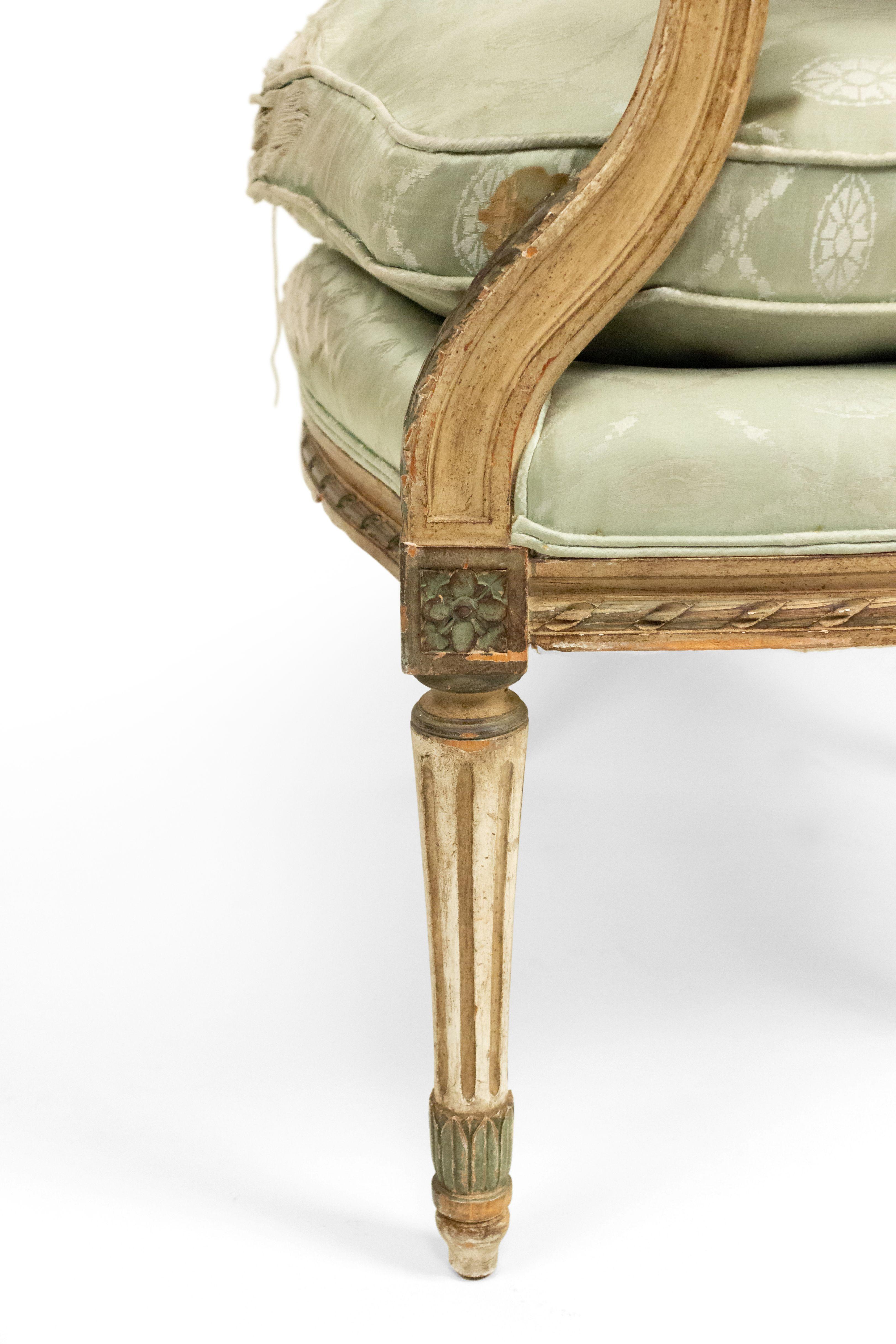 Pair of French Louis XVI Green Silk Armchairs For Sale 2
