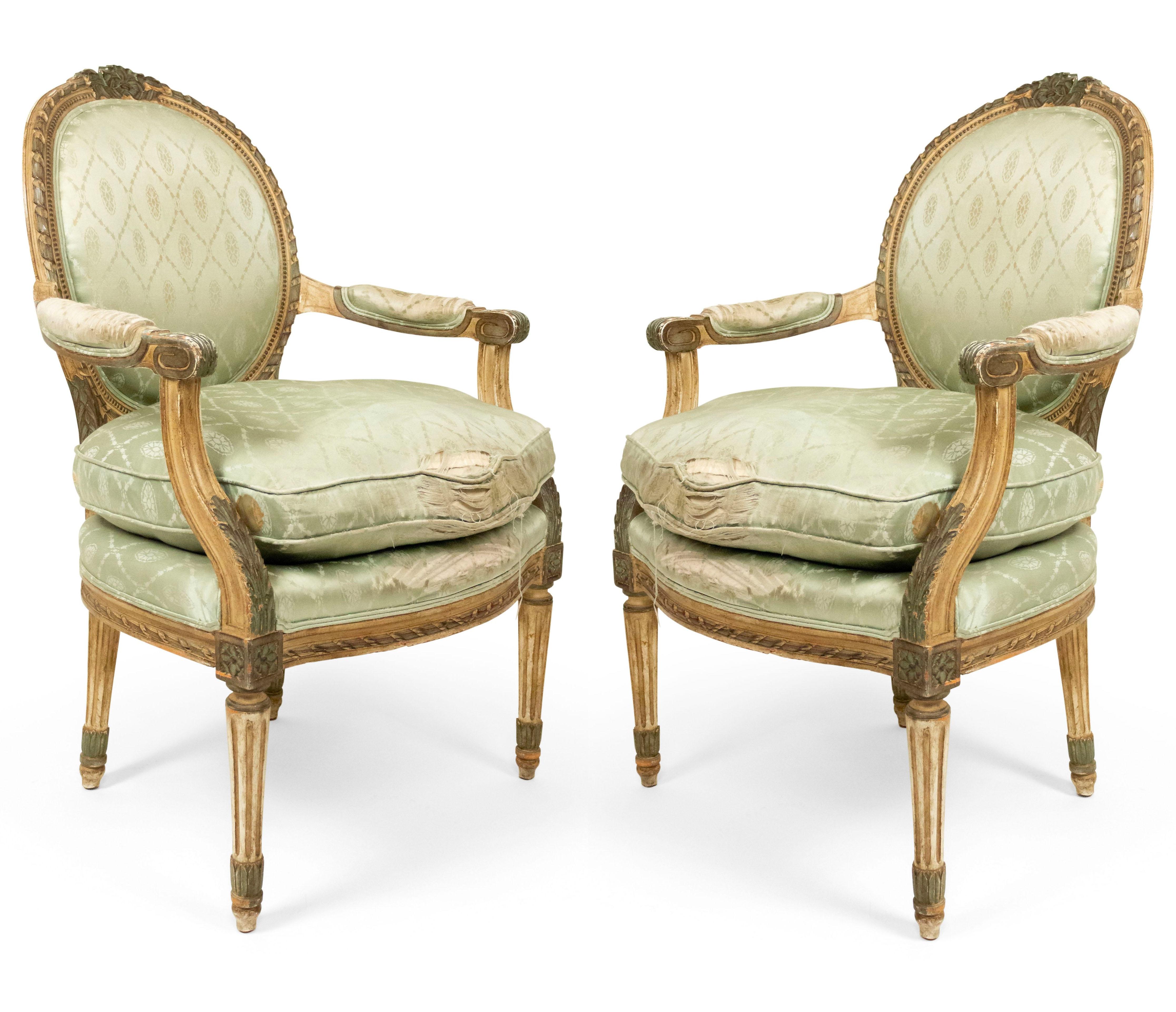 Pair of French Louis XVI Green Silk Armchairs For Sale 7