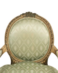 Pair of French Louis XVI Green Silk Armchairs