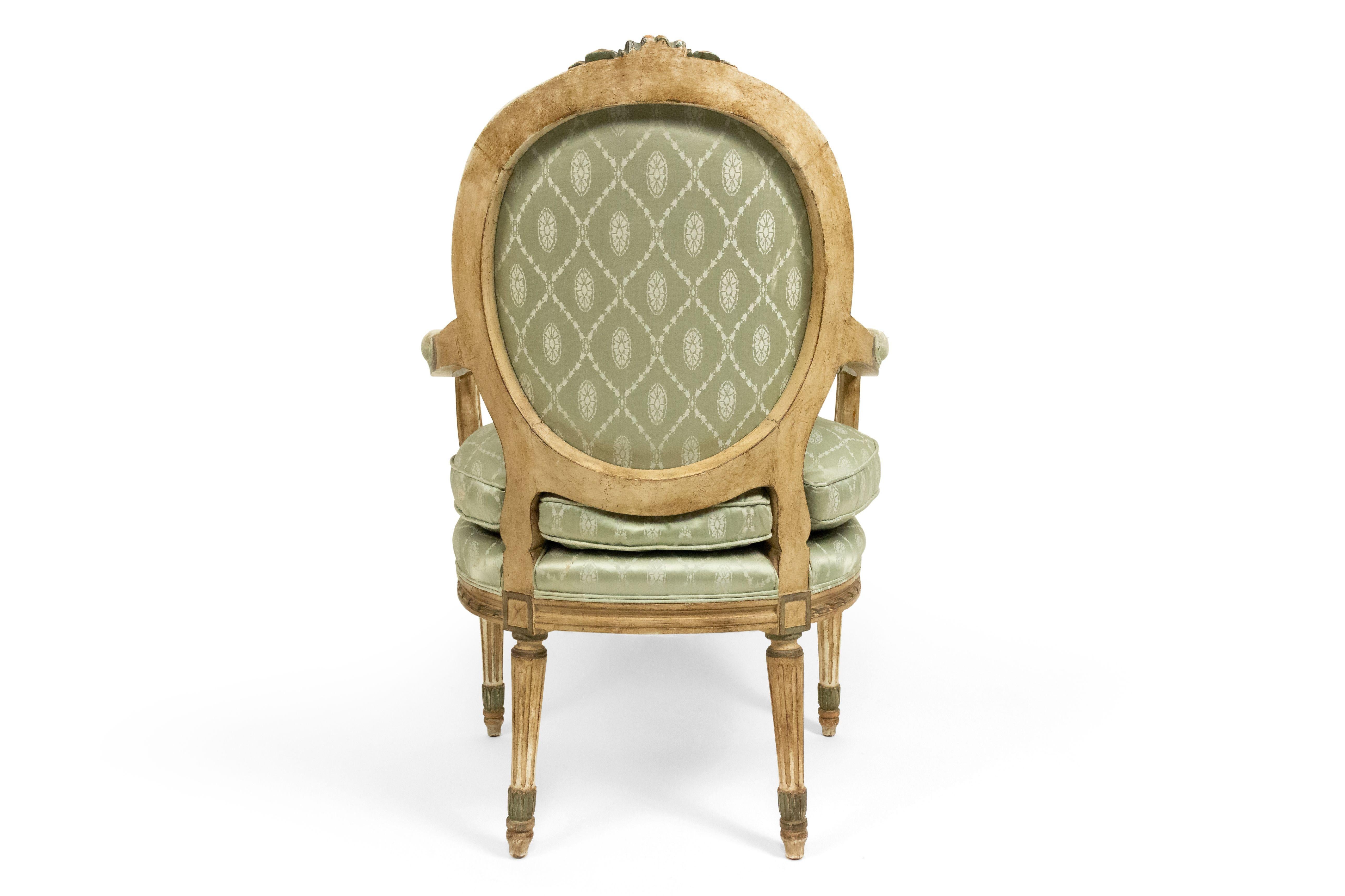 Pair of French Louis XVI Green Silk Armchairs For Sale 4