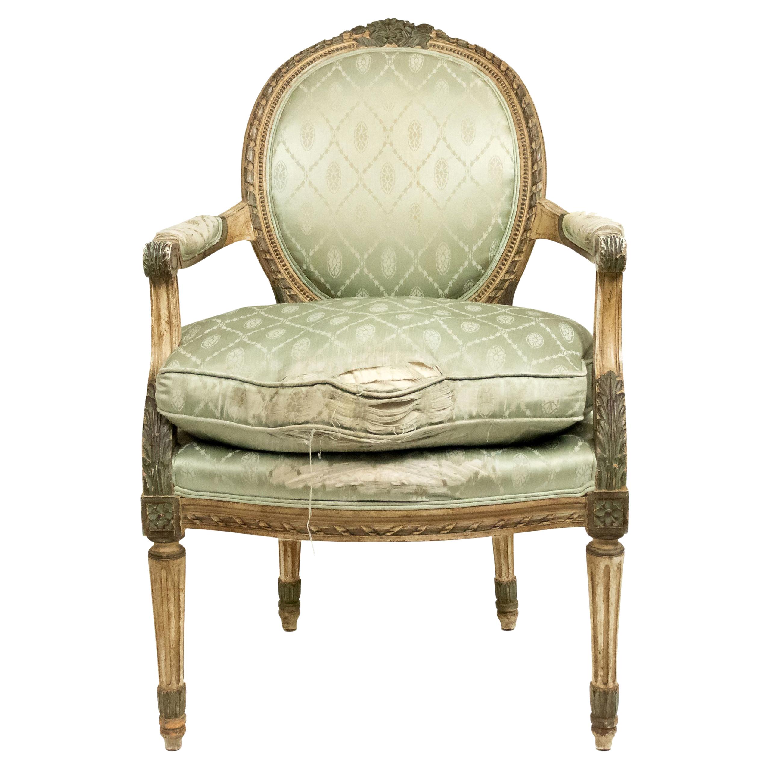 Pair of French Louis XVI Green Silk Armchairs For Sale