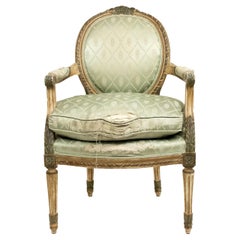 Antique Pair of French Louis XVI Green Silk Armchairs