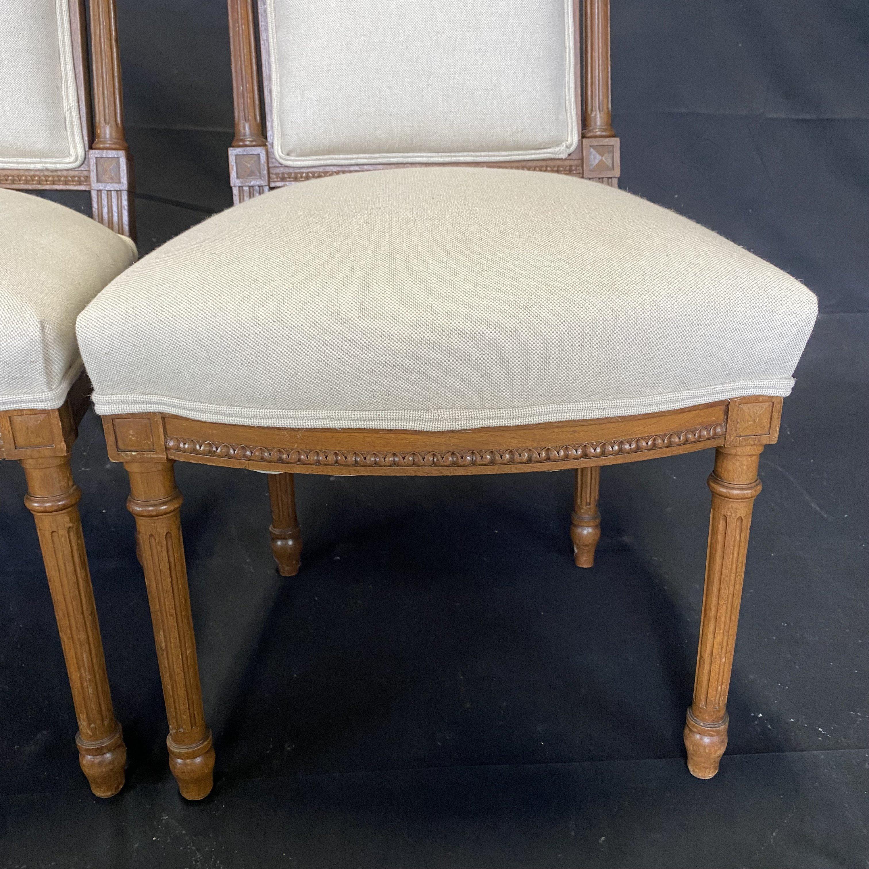 Pair of French Louis XVI Intricately Carved Walnut Side Chairs, New Upholstery 6