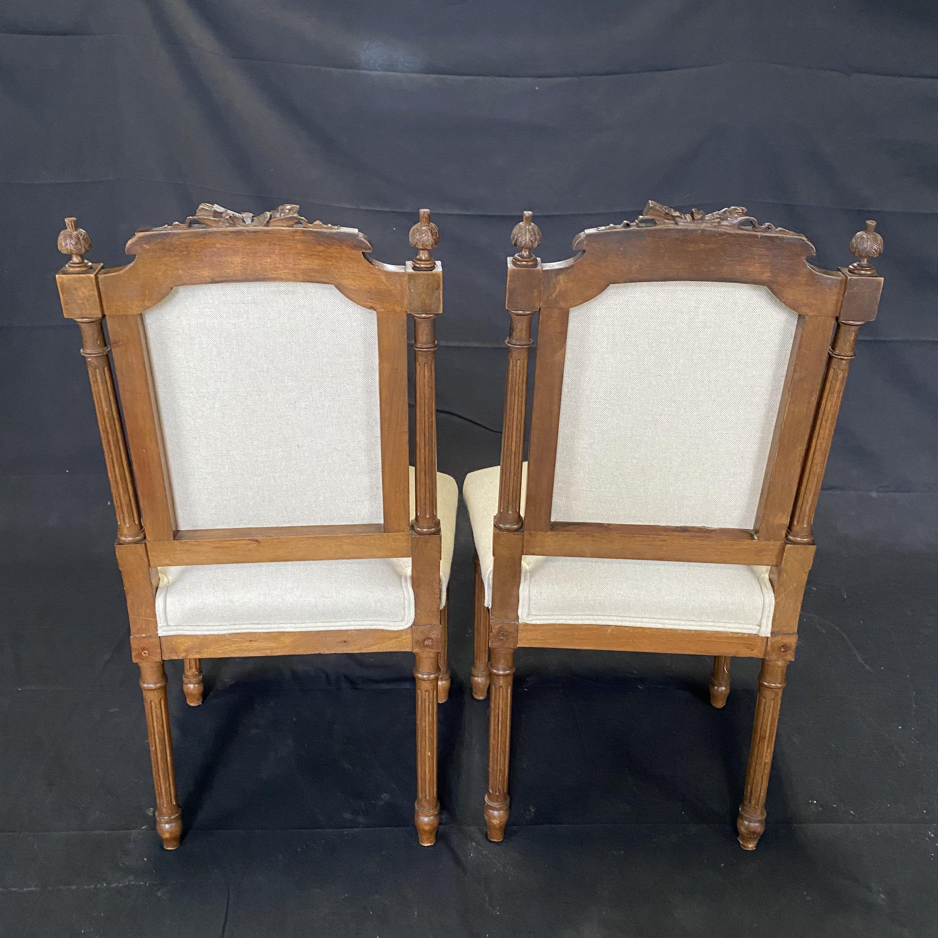 Pair of French Louis XVI Intricately Carved Walnut Side Chairs, New Upholstery 2