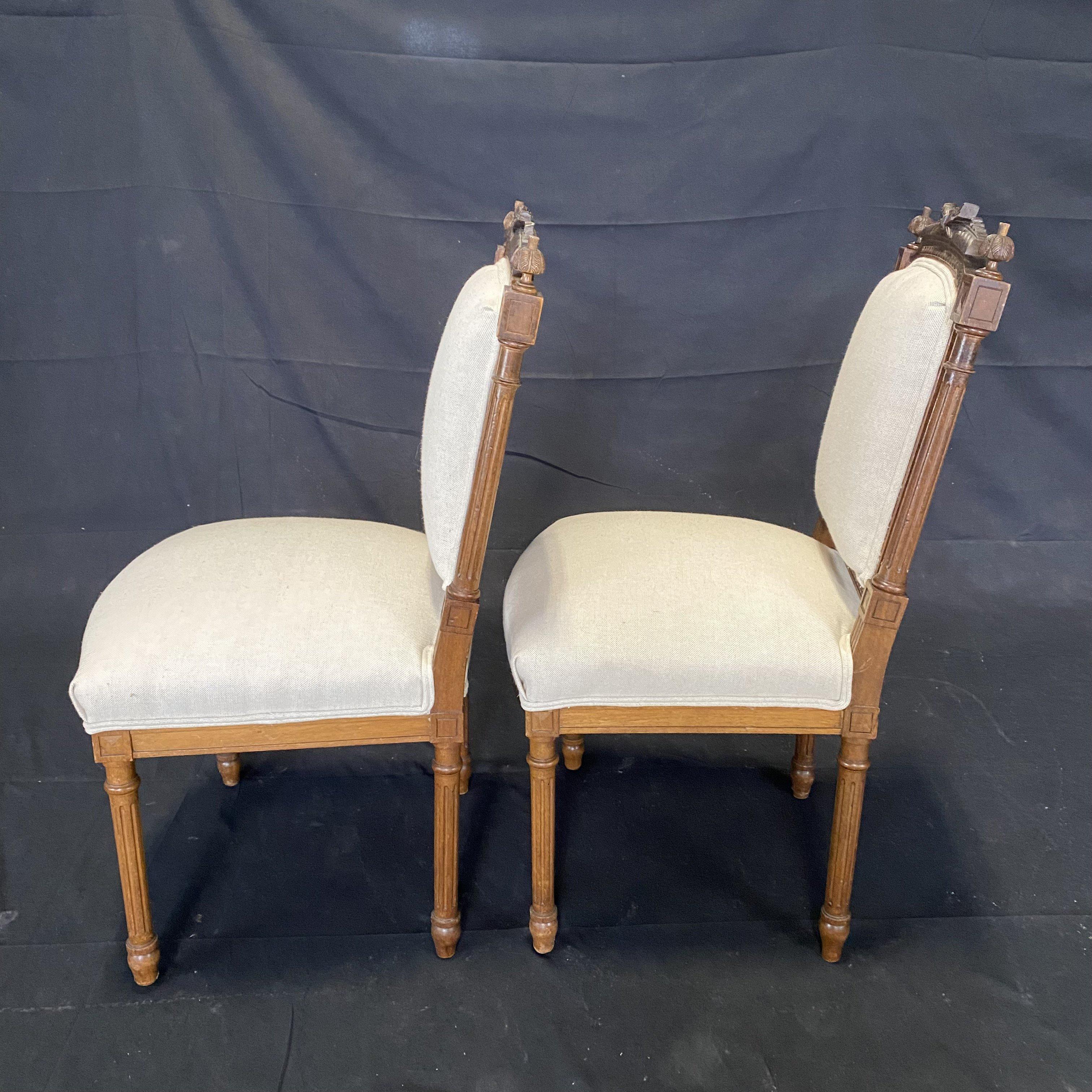 Pair of French Louis XVI Intricately Carved Walnut Side Chairs, New Upholstery 3