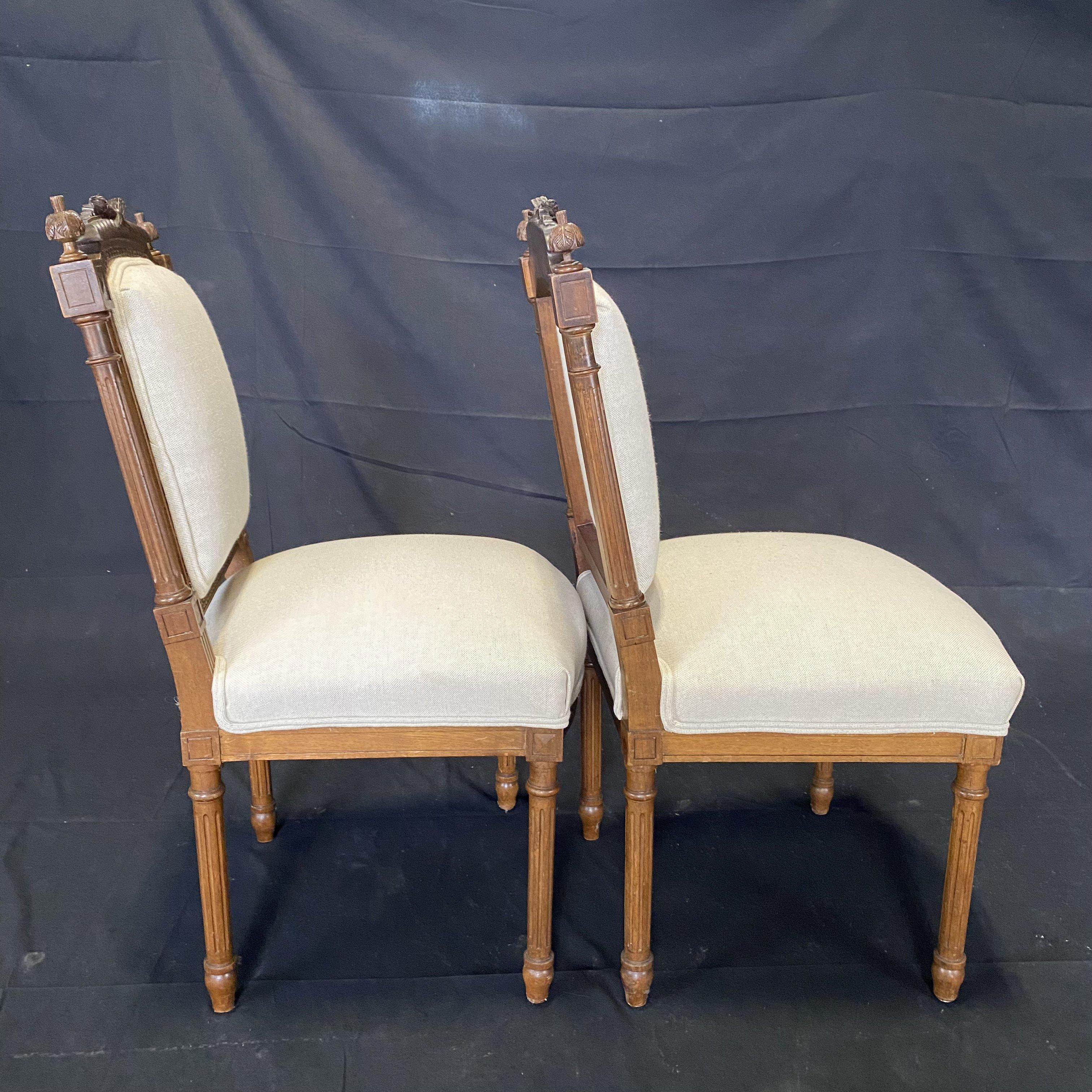 Pair of French Louis XVI Intricately Carved Walnut Side Chairs, New Upholstery 4
