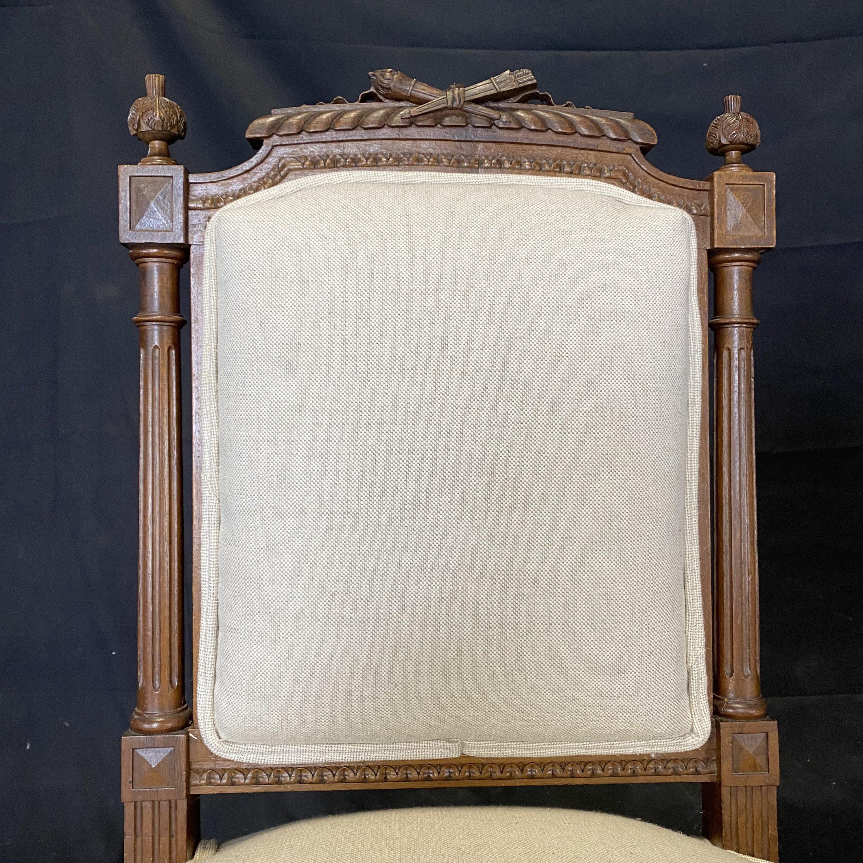Pair of French Louis XVI Intricately Carved Walnut Side Chairs, New Upholstery 5