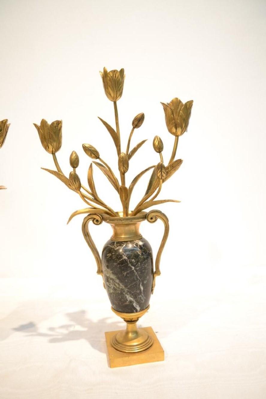 Francese Pair of French Louis XVI Marble and Gilt Bronze Candlesticks or Cassolettes in vendita