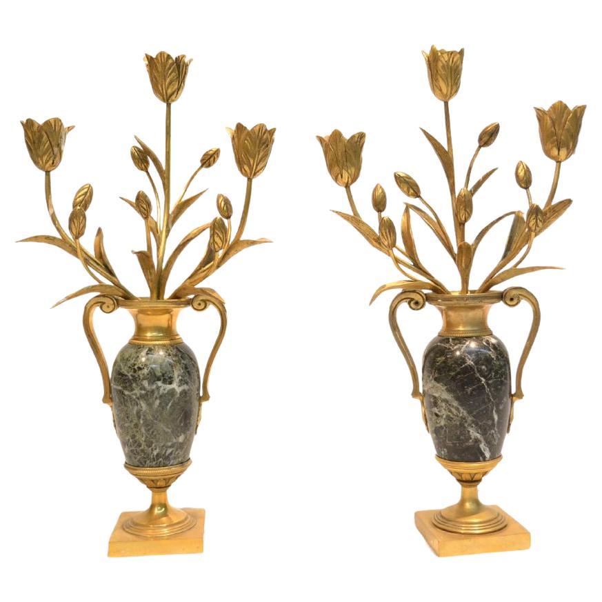 Pair of French Louis XVI Marble and Gilt Bronze Candlesticks or Cassolettes in vendita
