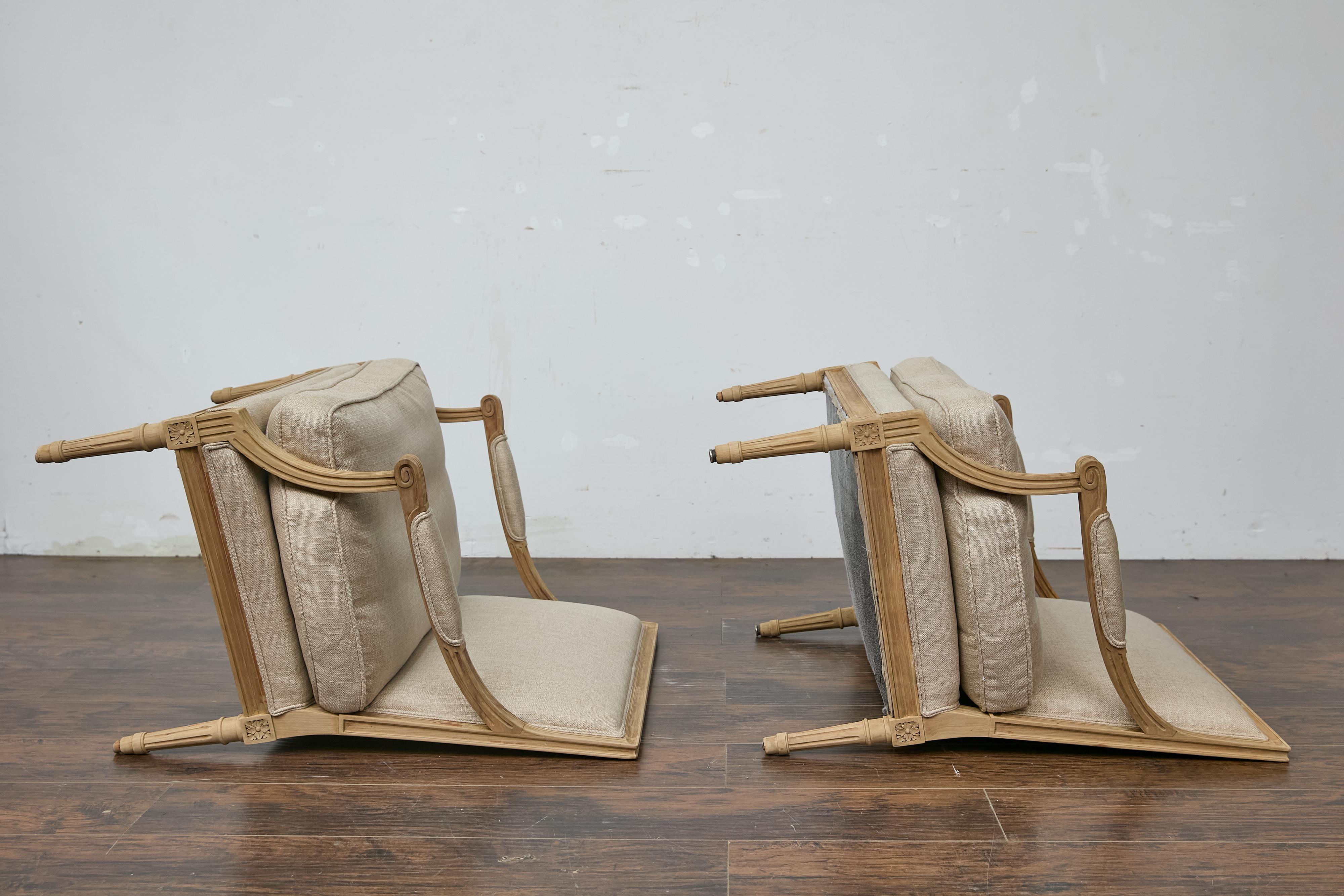 Pair of French Louis XVI Marquise Chairs, Scrolling Arms, Linen Upholstery, 1920 For Sale 4