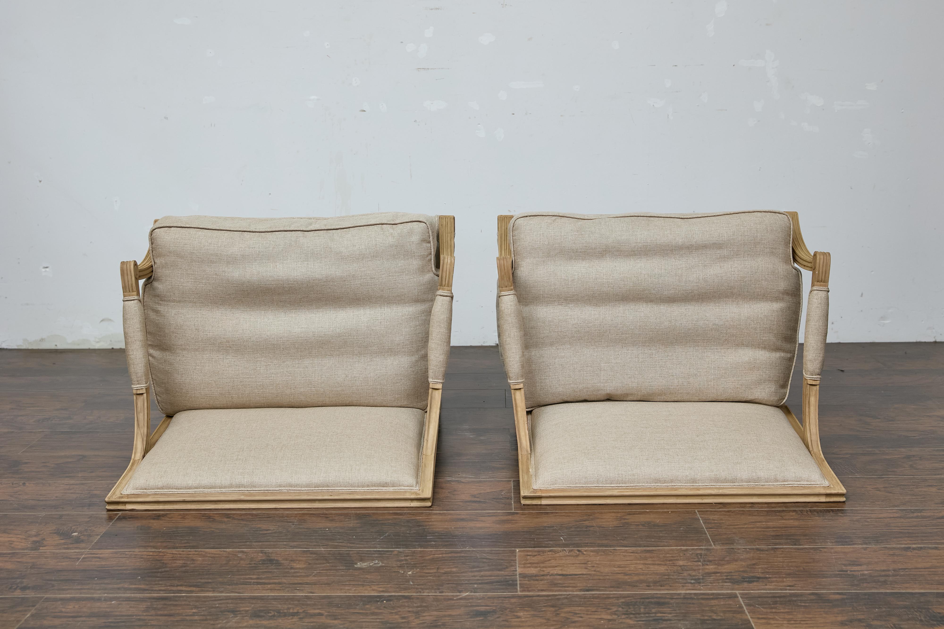Pair of French Louis XVI Marquise Chairs, Scrolling Arms, Linen Upholstery, 1920 For Sale 5