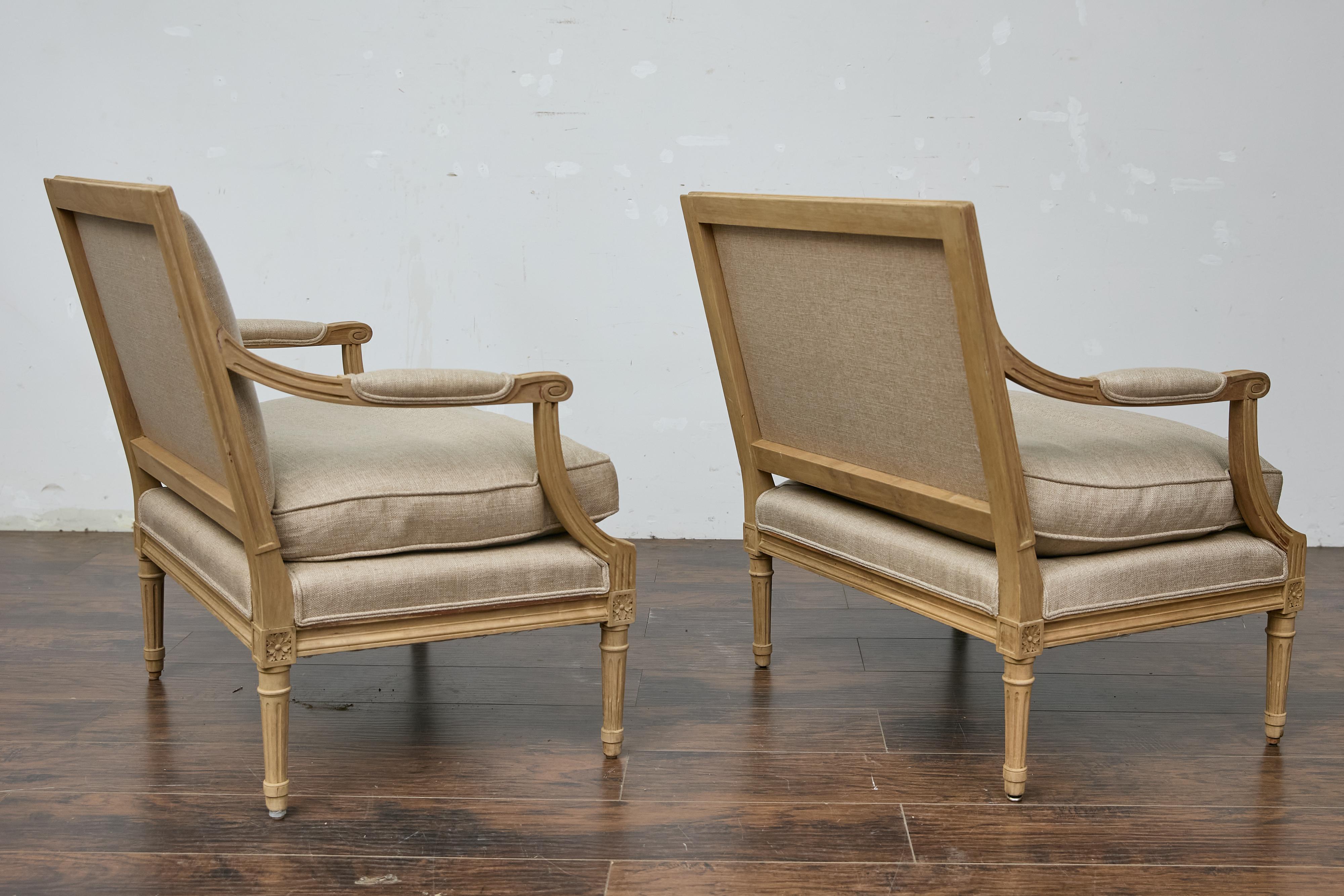 Fabric Pair of French Louis XVI Marquise Chairs, Scrolling Arms, Linen Upholstery, 1920 For Sale
