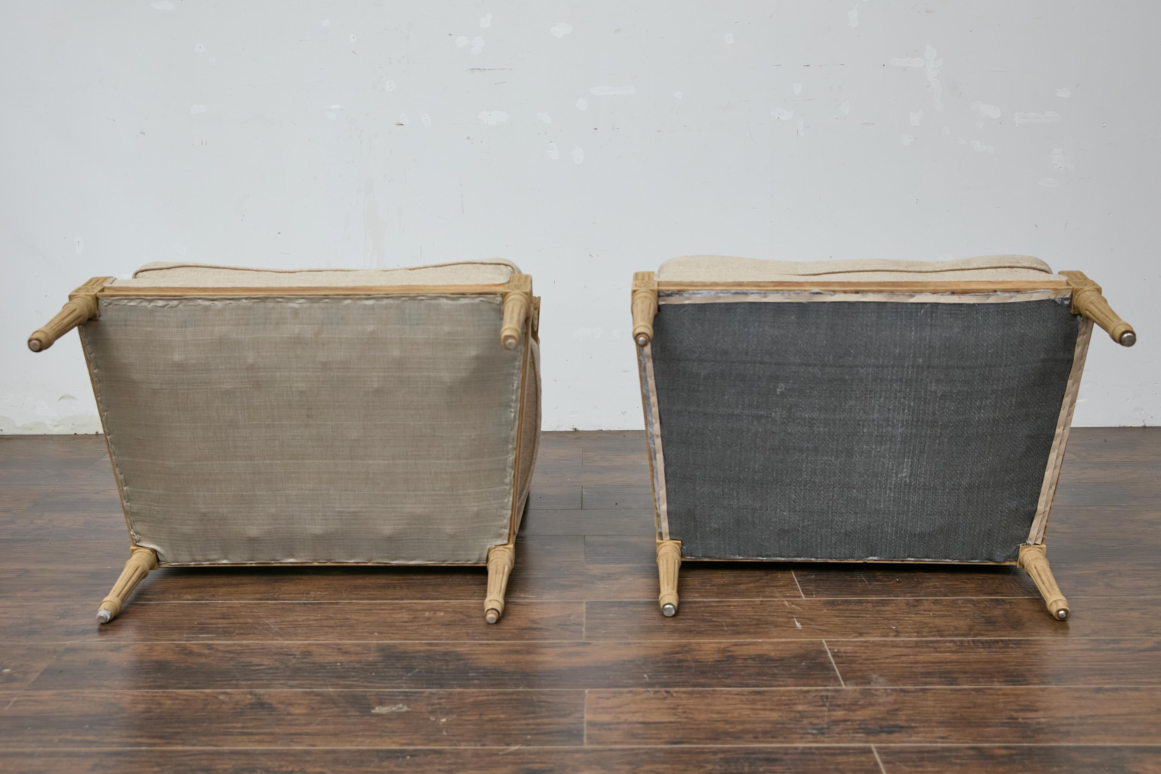 Pair of French Louis XVI Marquise Chairs, Scrolling Arms, Linen Upholstery, 1920 For Sale 2