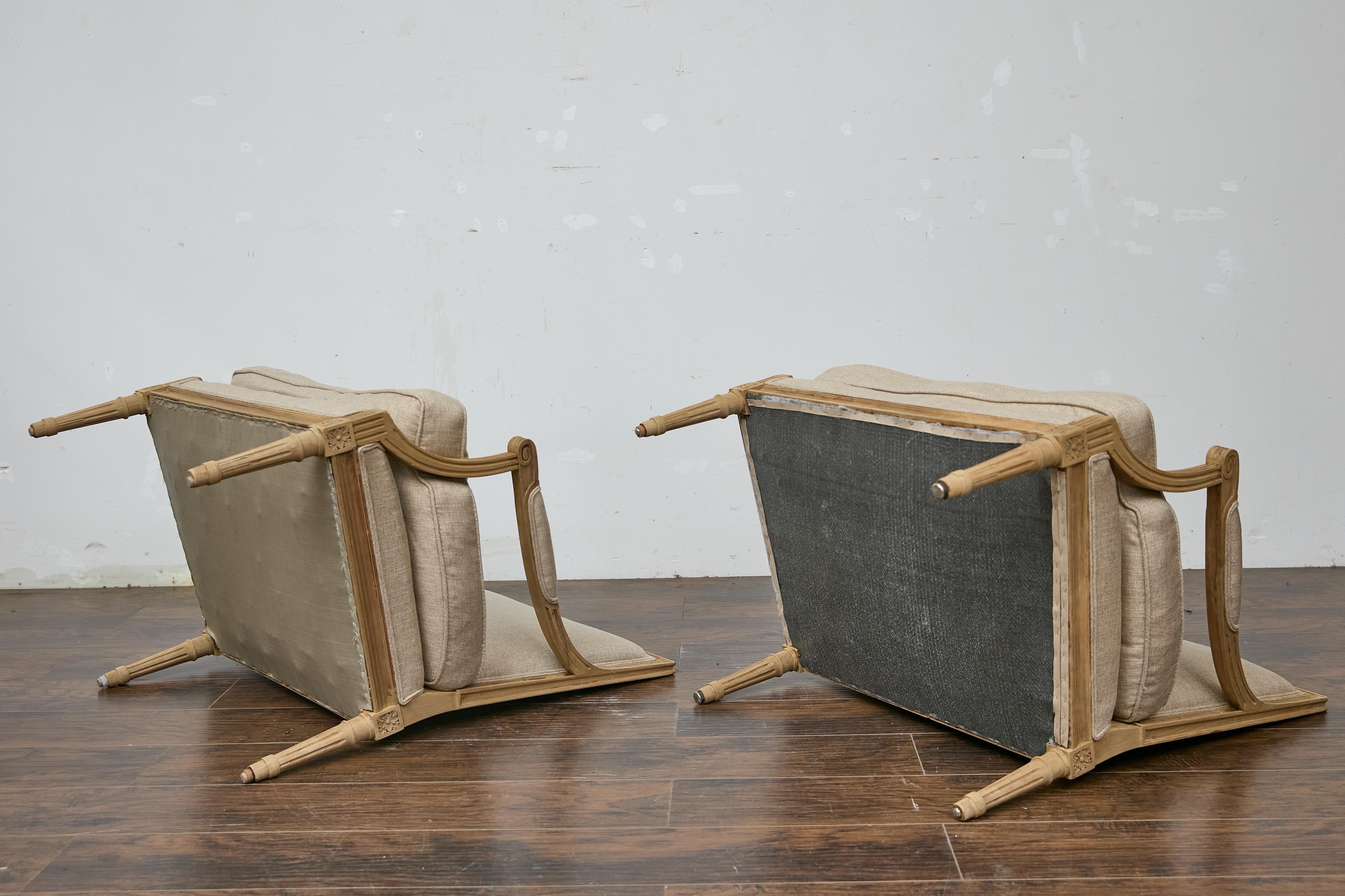 Pair of French Louis XVI Marquise Chairs, Scrolling Arms, Linen Upholstery, 1920 For Sale 3