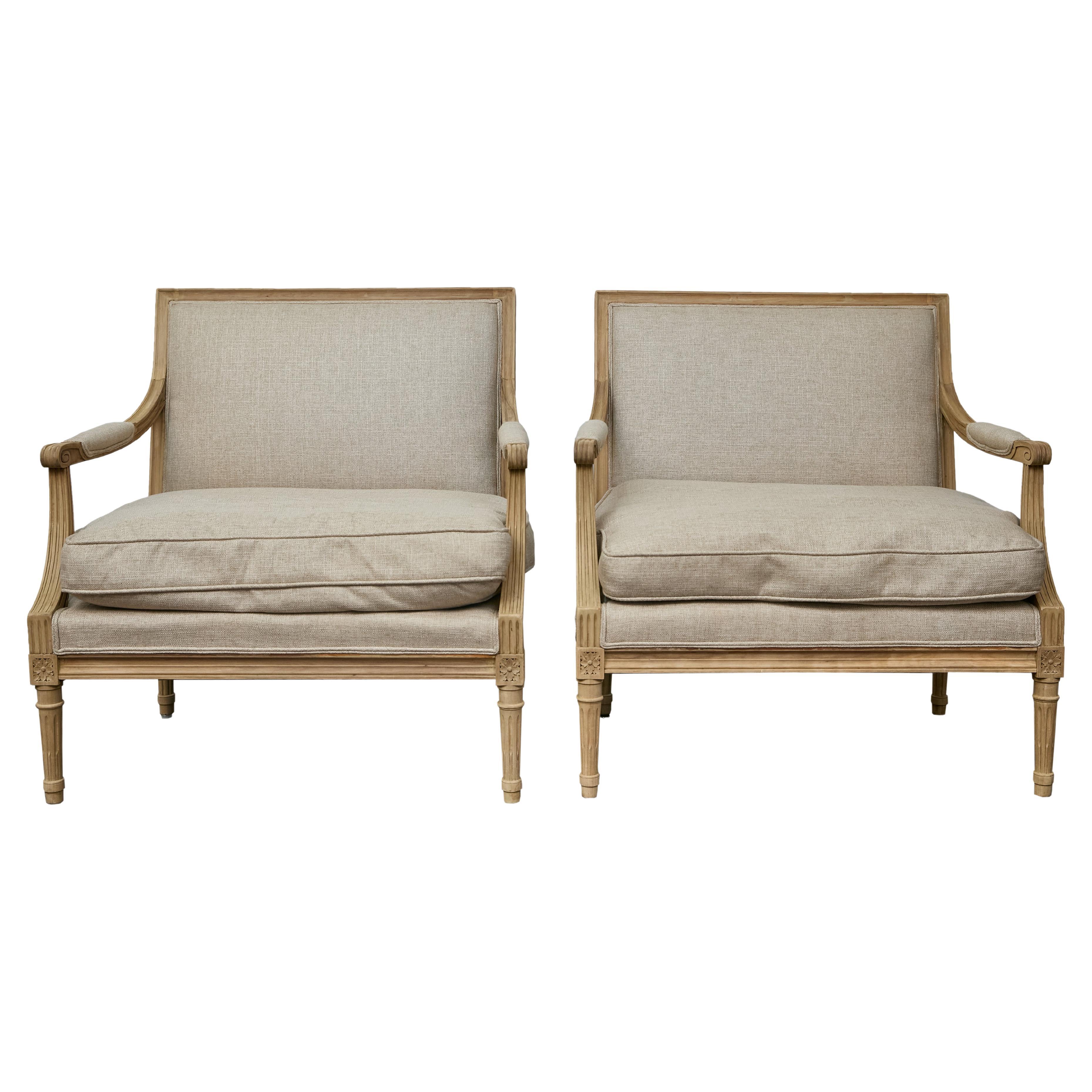 Pair of French Louis XVI Marquise Chairs, Scrolling Arms, Linen Upholstery, 1920 For Sale