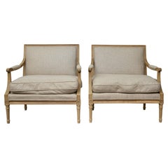 Pair of French Louis XVI Marquise Chairs, Scrolling Arms, Linen Upholstery, 1920