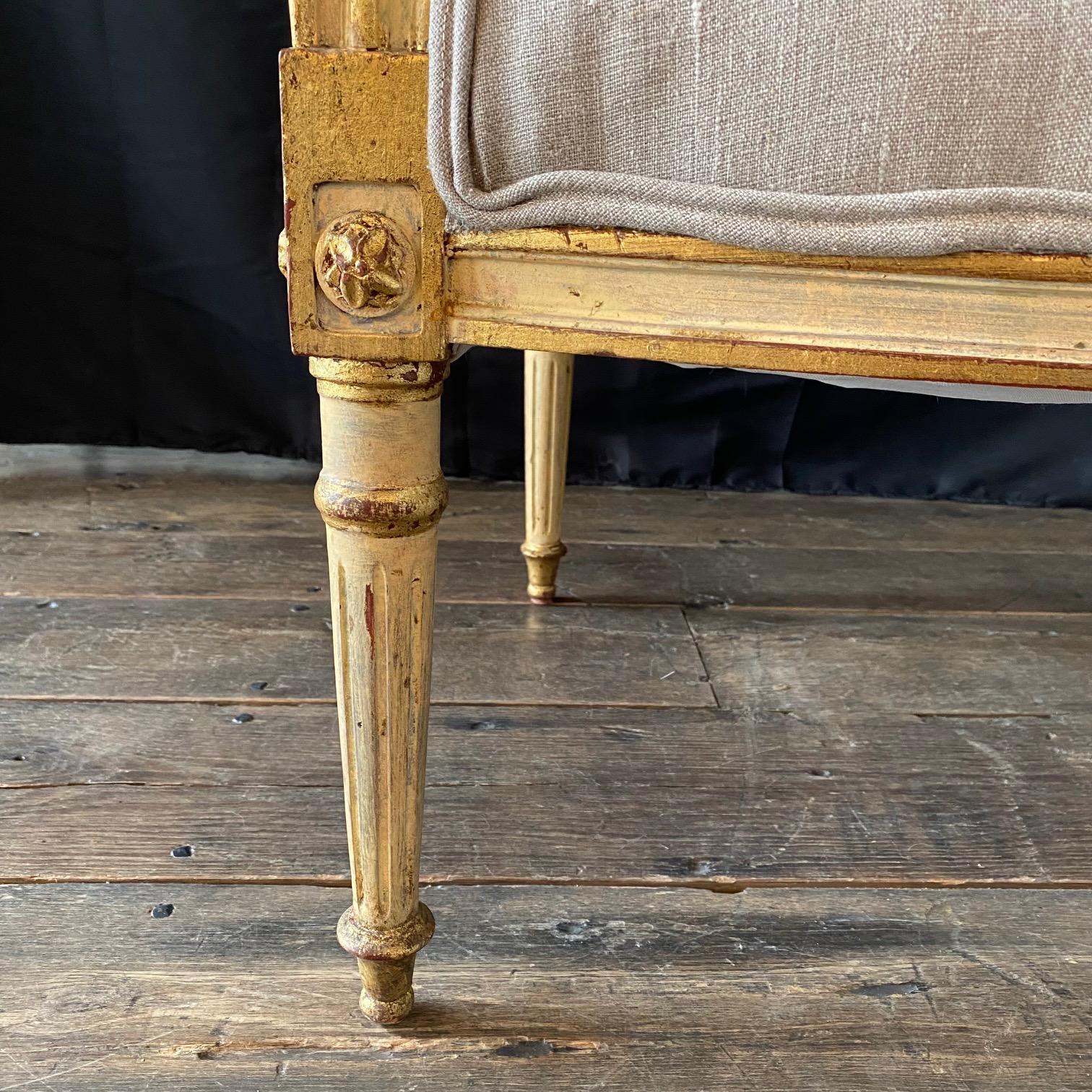 Pair of French Louis XVI Neoclassical Gold Gilt Painted Armchairs For Sale 7