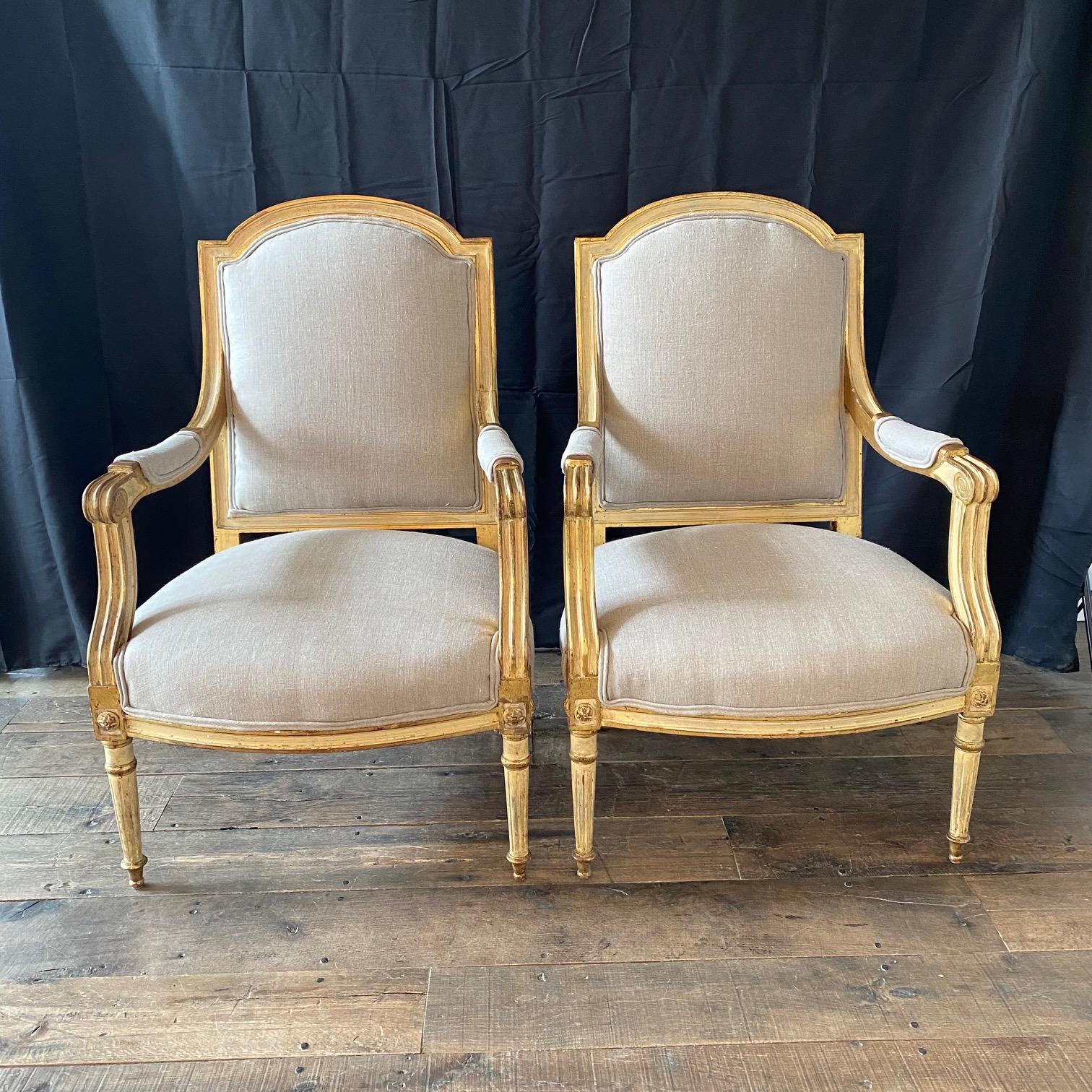 Pair of French Louis XVI Neoclassical Gold Gilt Painted Armchairs In Good Condition For Sale In Hopewell, NJ
