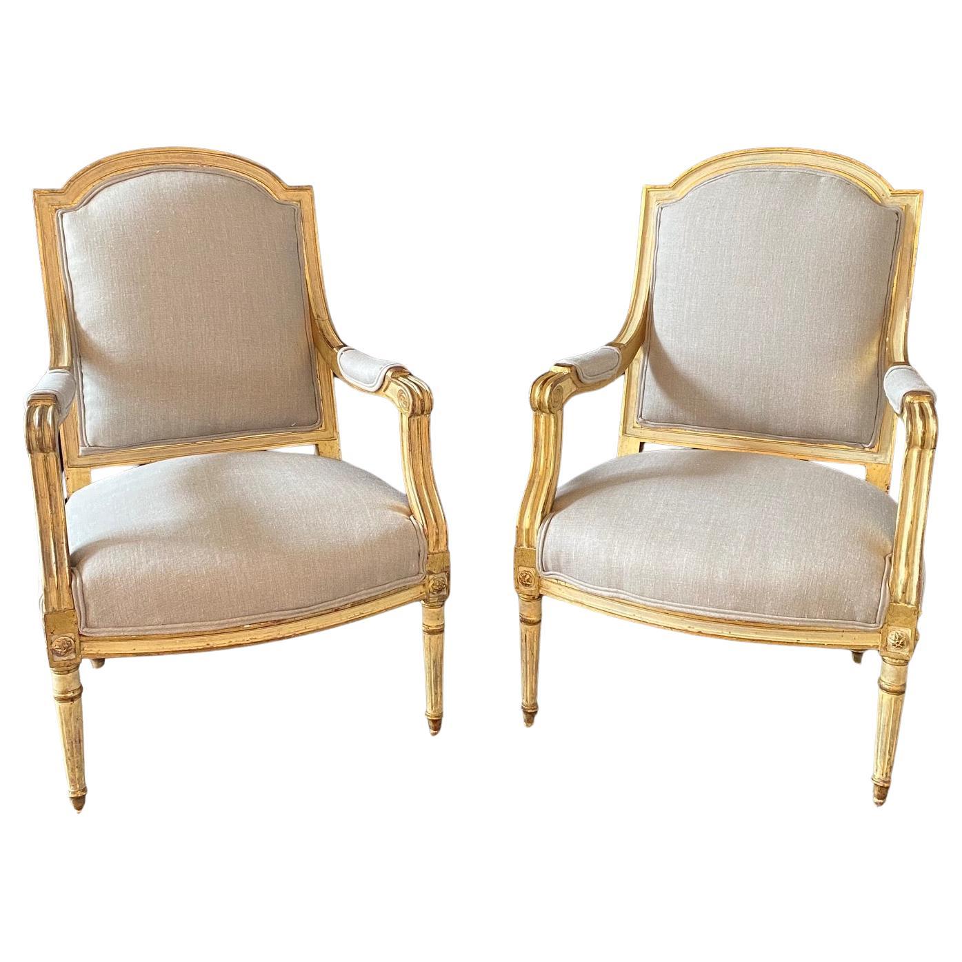 Pair of French Louis XVI Neoclassical Gold Gilt Painted Armchairs For Sale