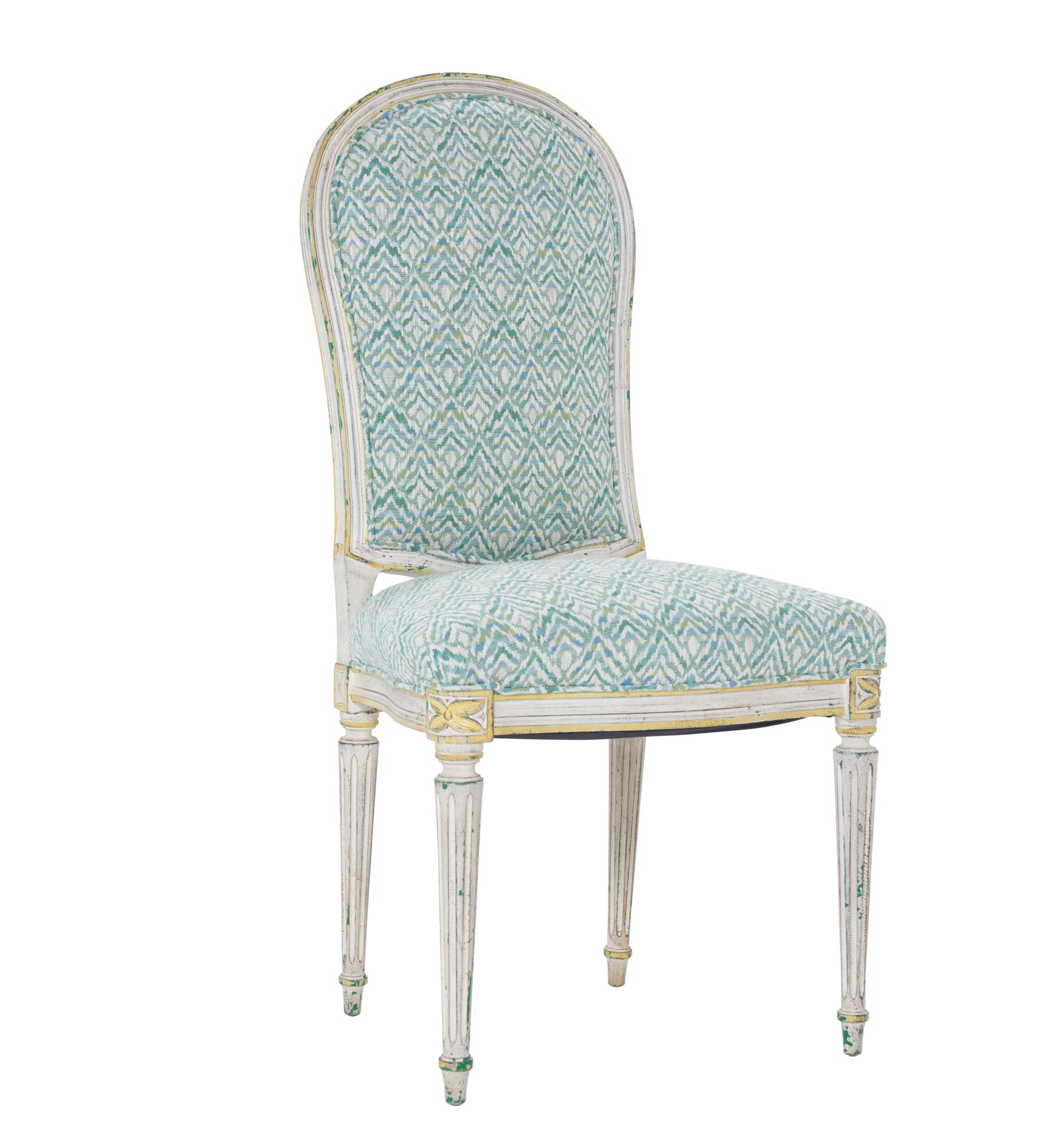 These French painted wood side chairs are newly upholstered in Schumacher Halcyon fabric (76142).

Since Schumacher was founded in 1889, our family-owned company has been synonymous with style, taste, and innovation. A passion for luxury and an