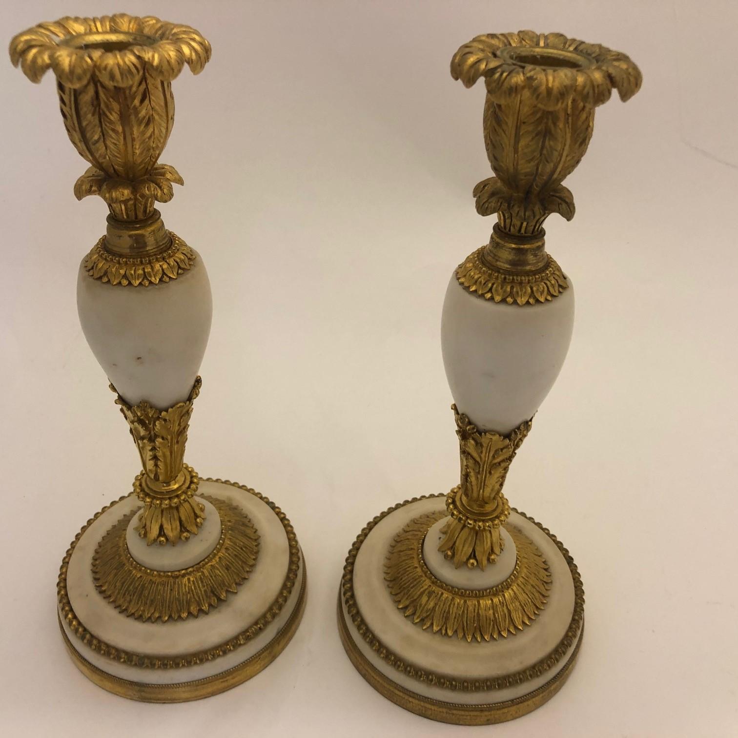 Pair of French Louis XVI Ormolu and Marble Candlesticks, circa 1780-1800 7