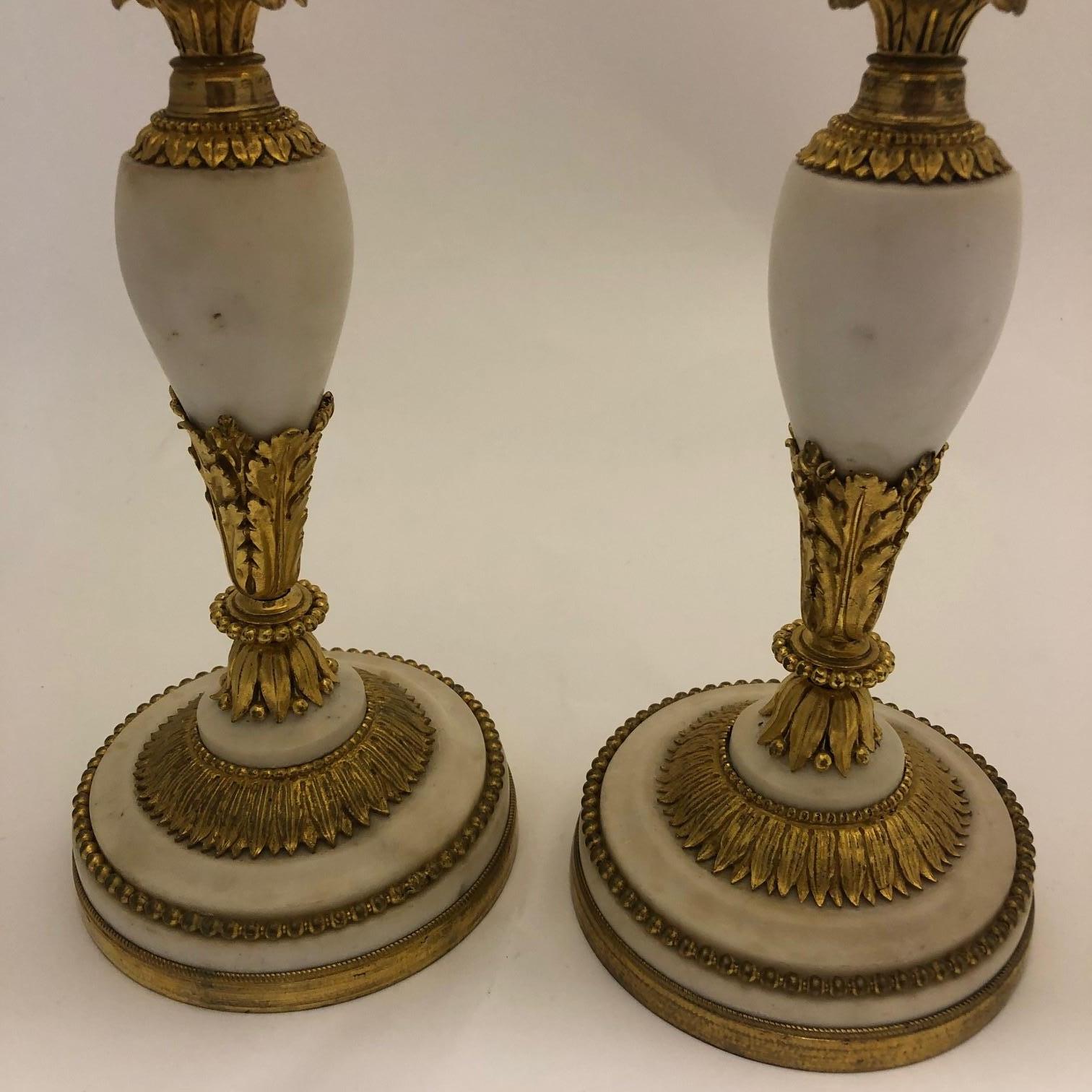 Pair of French Louis XVI Ormolu and Marble Candlesticks, circa 1780-1800 8