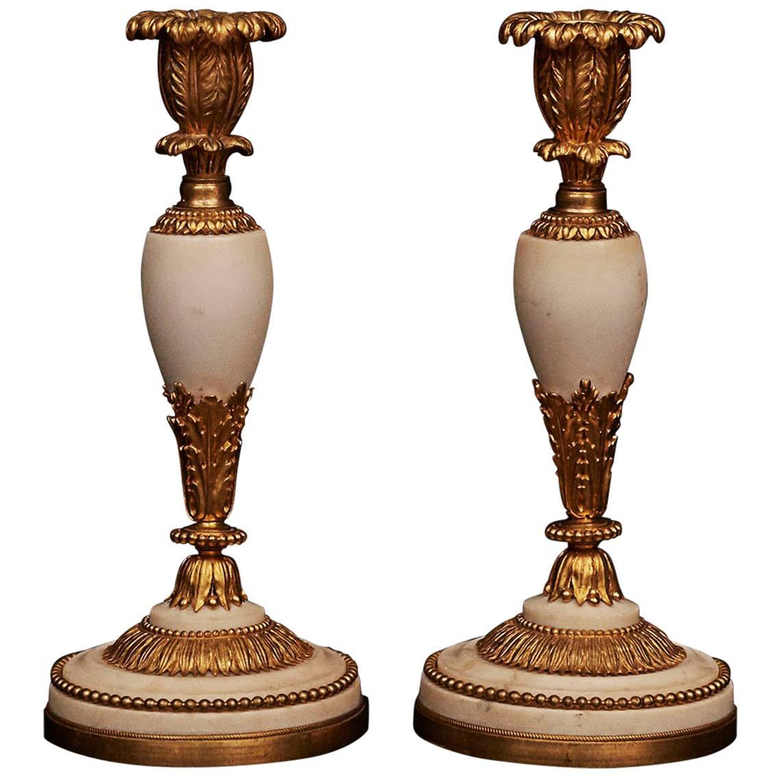Pair of French Louis XVI Ormolu and Marble Candlesticks, circa 1780-1800 4