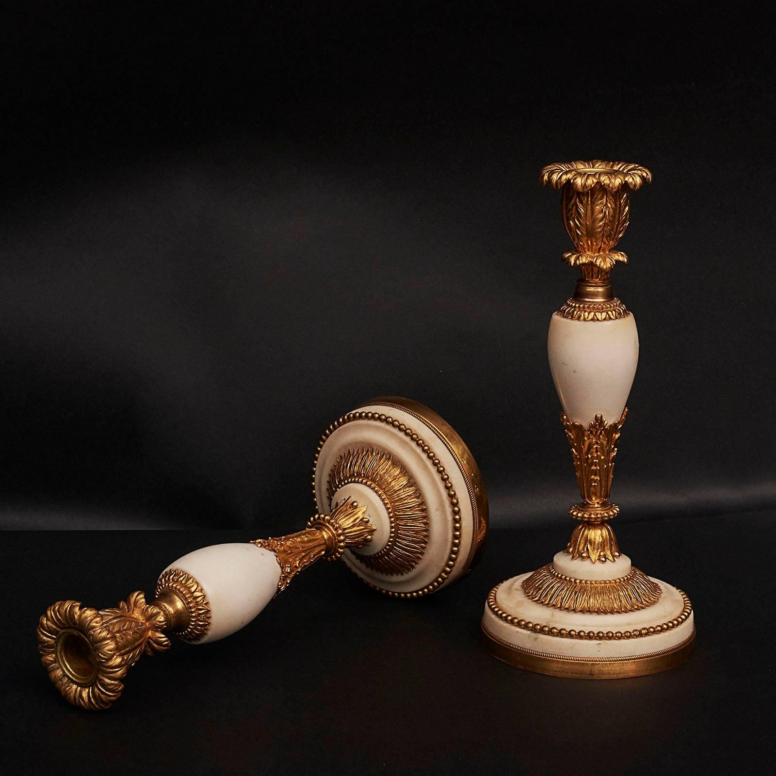 Pair of French Louis XVI Ormolu and Marble Candlesticks, circa 1780-1800 5