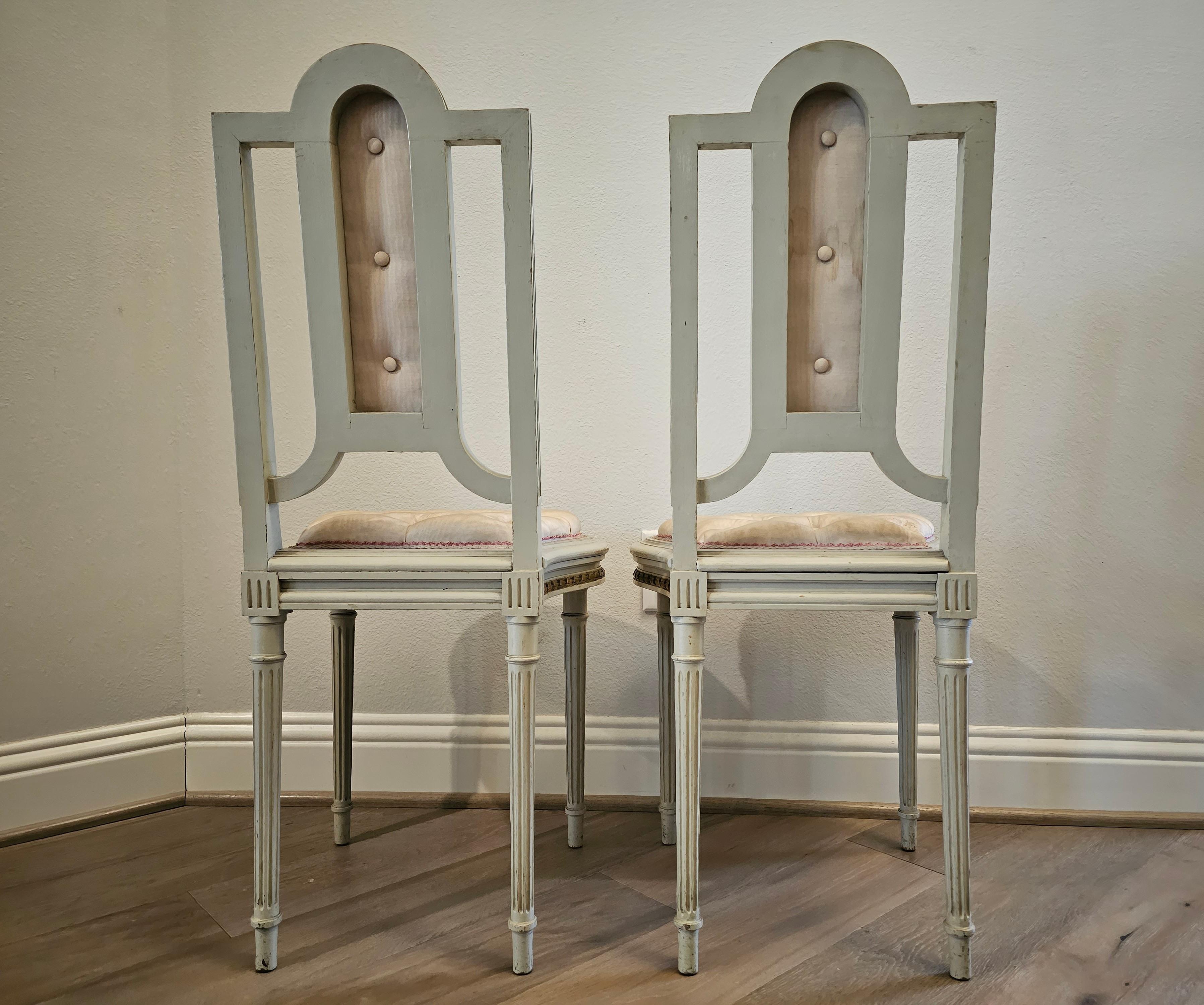 Pair of French Louis XVI Painted Parcel Gilt Petite Antique Chairs For Sale 5