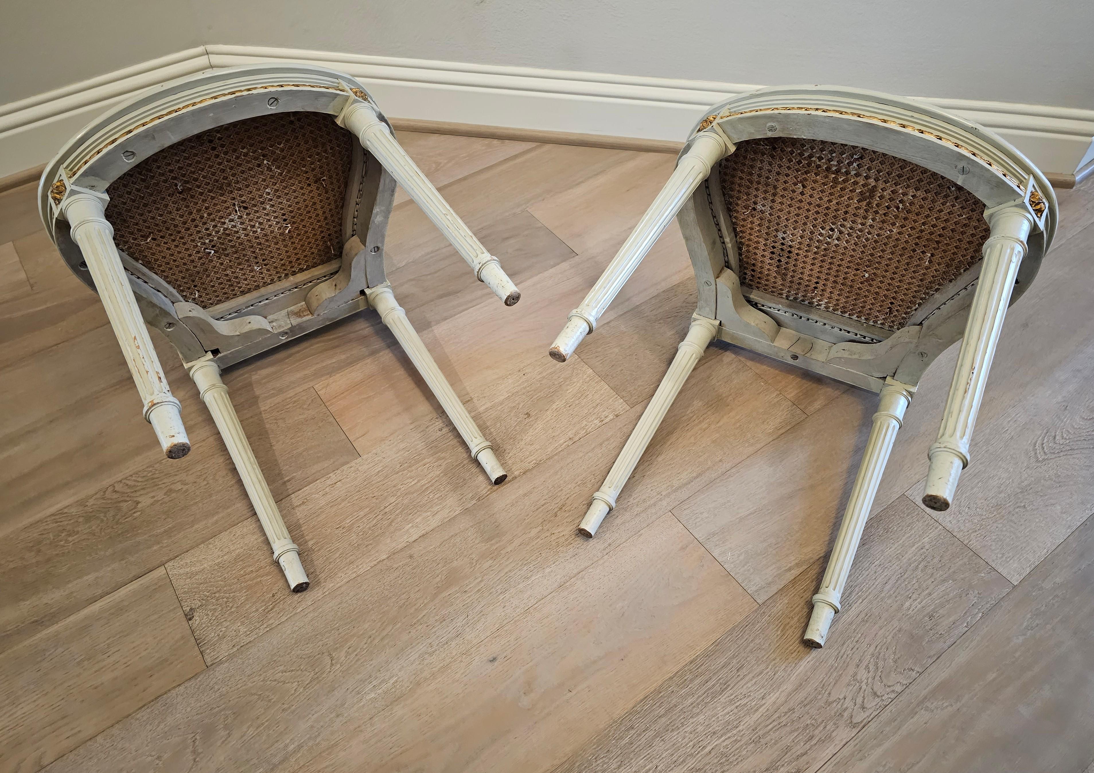 Pair of French Louis XVI Painted Parcel Gilt Petite Antique Chairs For Sale 6