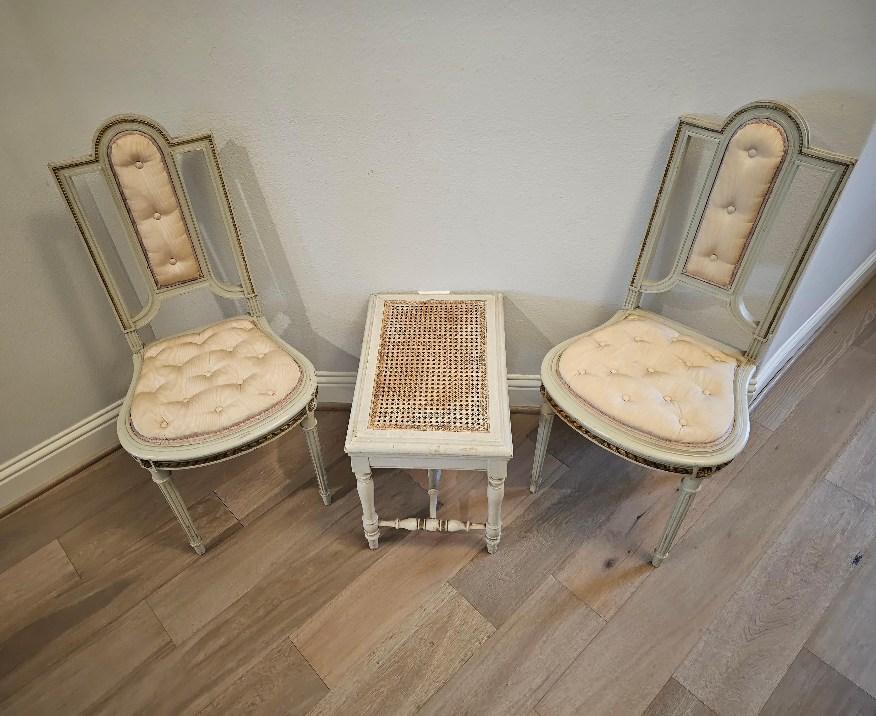 Pair of French Louis XVI Painted Parcel Gilt Petite Antique Chairs For Sale 8