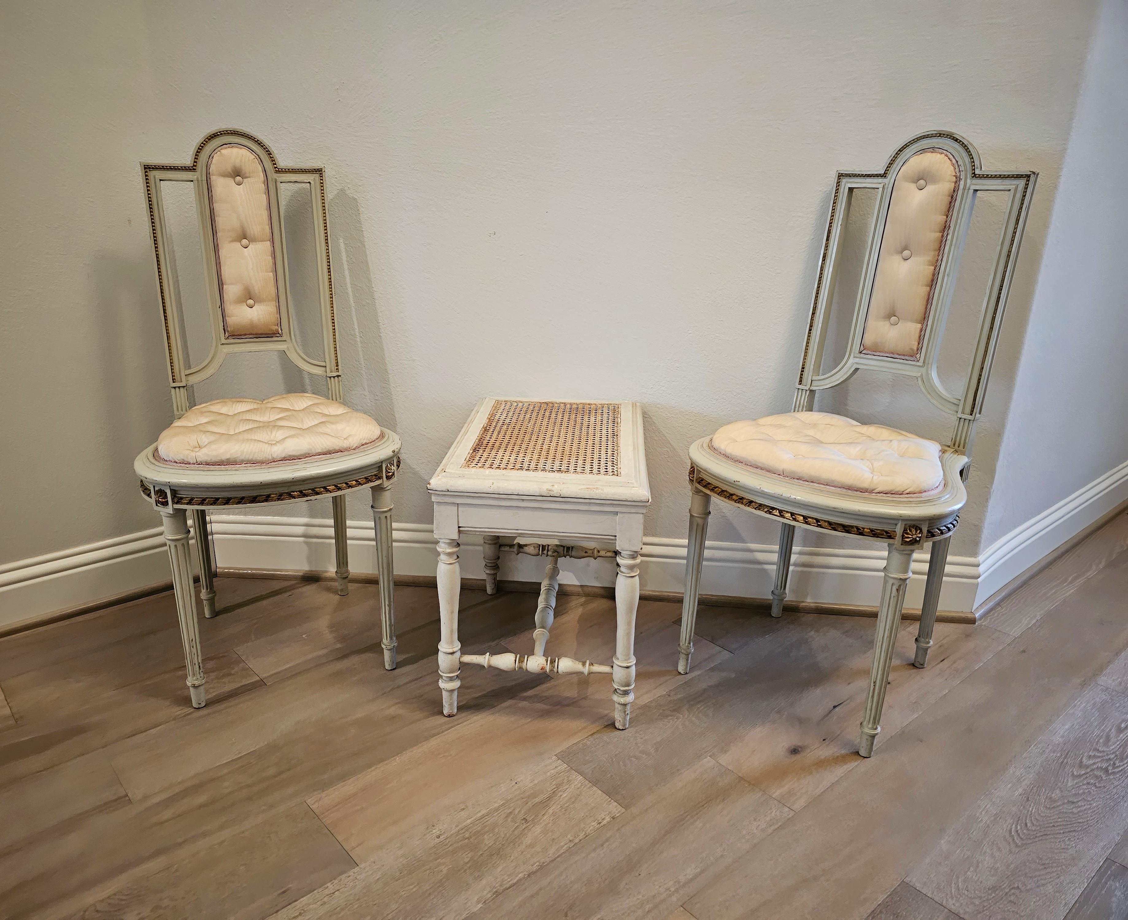 Pair of French Louis XVI Painted Parcel Gilt Petite Antique Chairs For Sale 9
