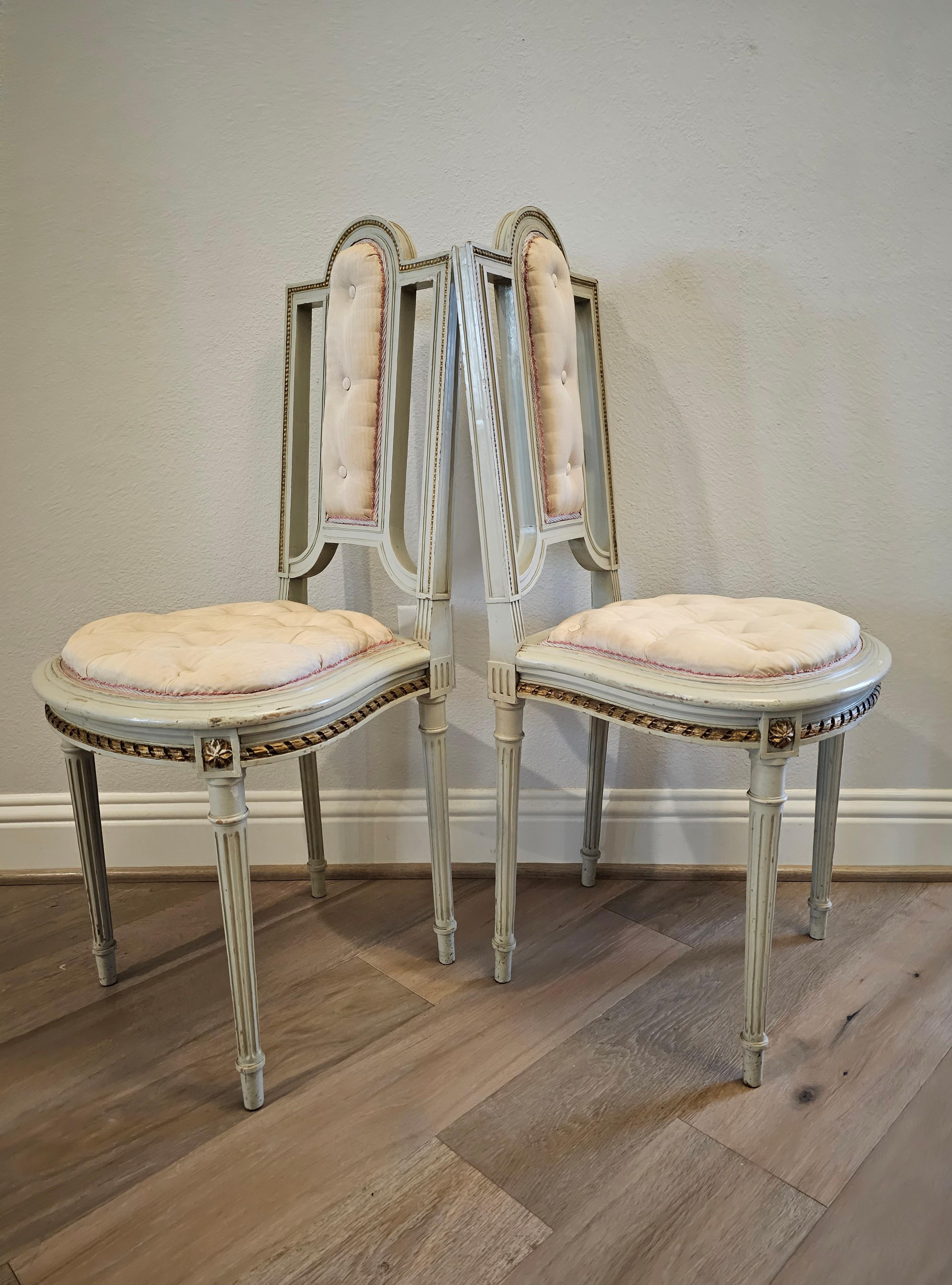 Pair of French Louis XVI Painted Parcel Gilt Petite Antique Chairs In Fair Condition For Sale In Forney, TX