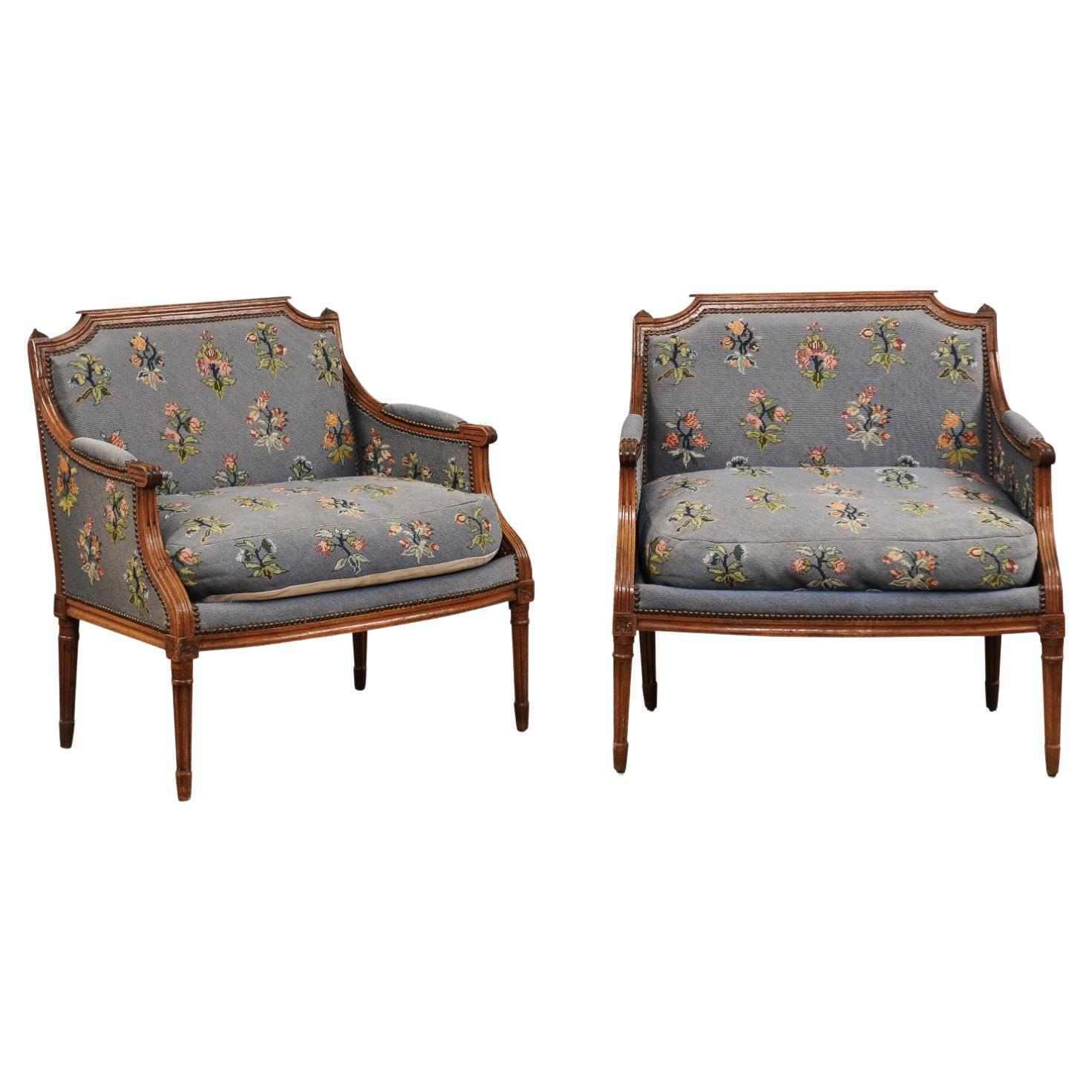Pair of French Louis XVI Period 1790s Bergère Marquise Chairs with Upholstery