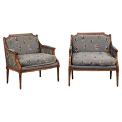 Antique Pair of French Louis XVI Period 1790s Bergère Marquise Chairs with Upholstery