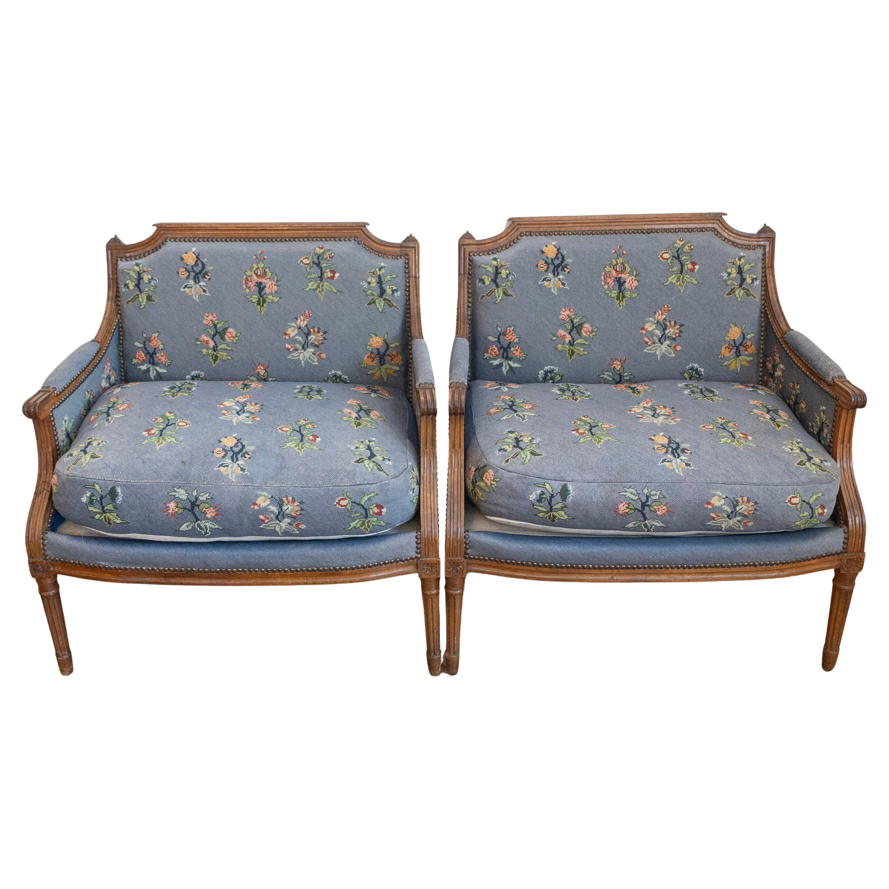 Pair of French Louis XVI Period 1790s Bergère Marquise Chairs with Upholstery