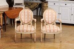 Pair of French Louis XVI Period 1790s Painted Armchairs with Carved Ribbon