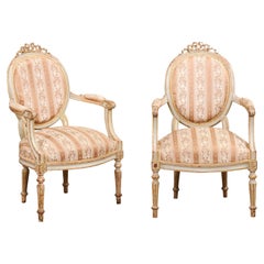 Pair of French Louis XVI Period 1790s Painted Armchairs with Carved Ribbon