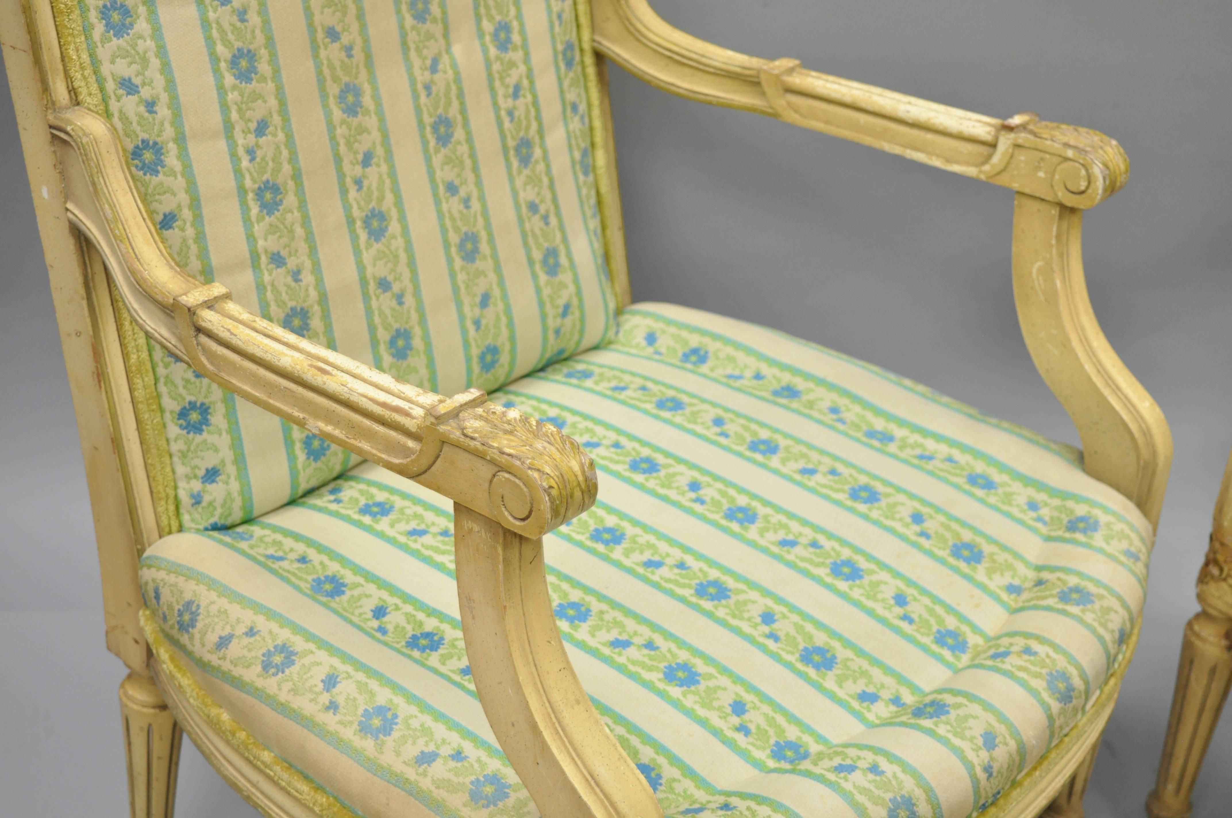 Pair of French Louis XVI Provincial Style Cream Painted Armchairs Fauteuils 3