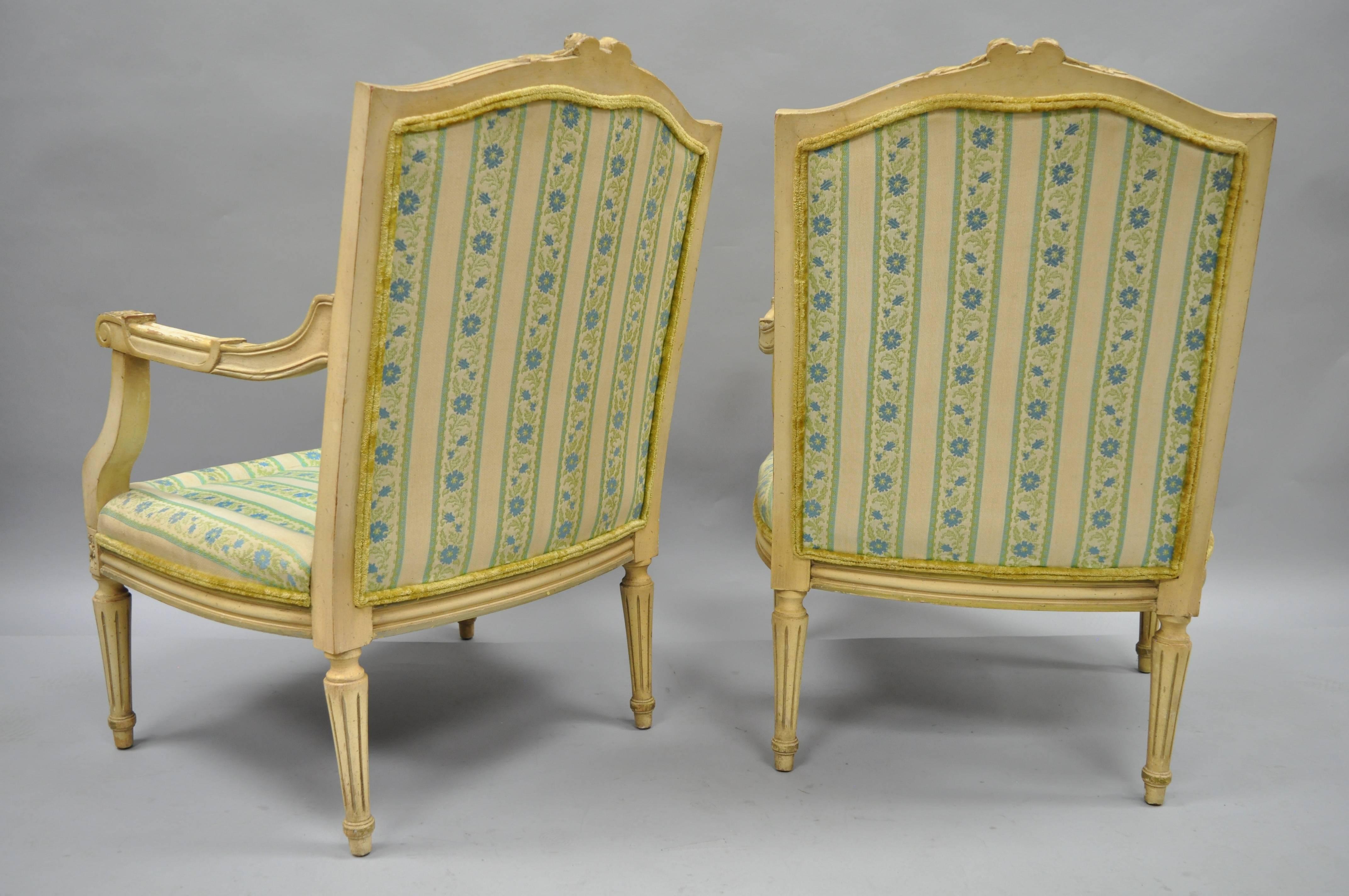 Pair of French Louis XVI Provincial Style Cream Painted Armchairs Fauteuils 4