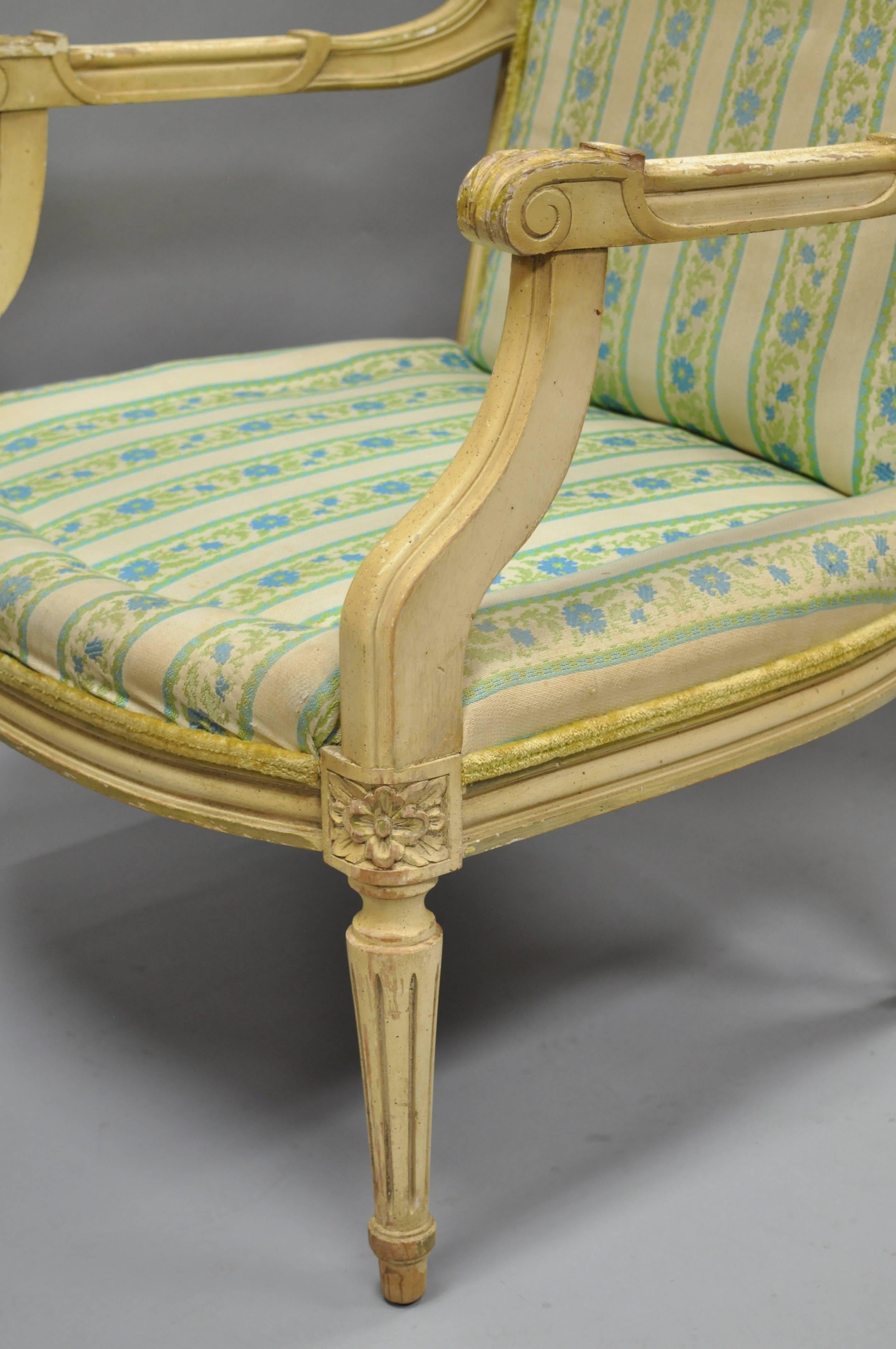 Carved Pair of French Louis XVI Provincial Style Cream Painted Armchairs Fauteuils