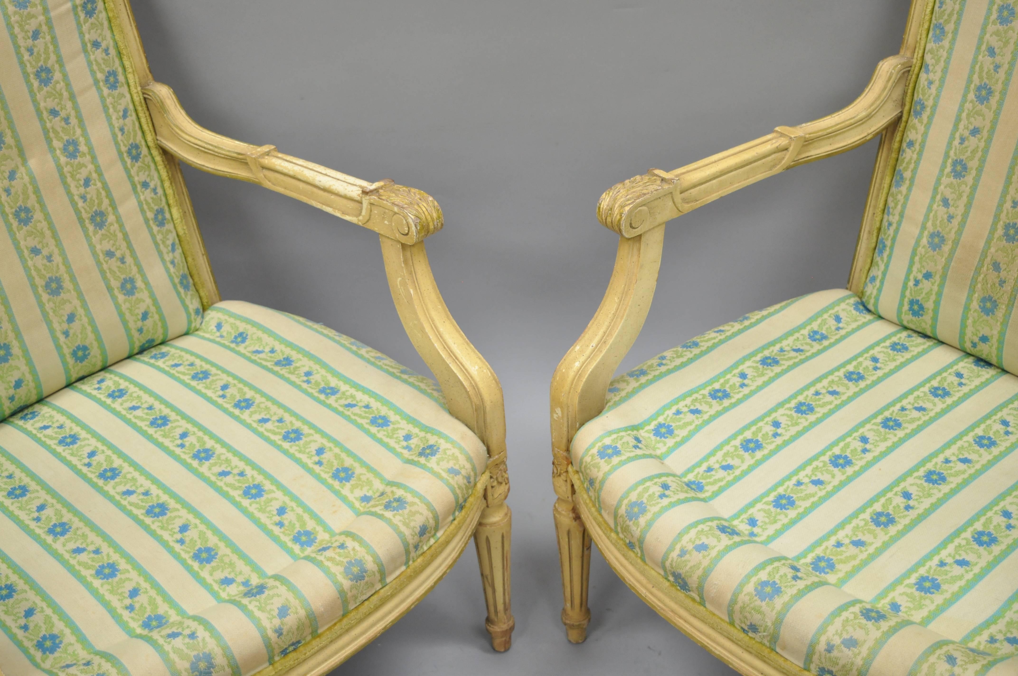 Pair of French Louis XVI Provincial Style Cream Painted Armchairs Fauteuils In Good Condition In Philadelphia, PA