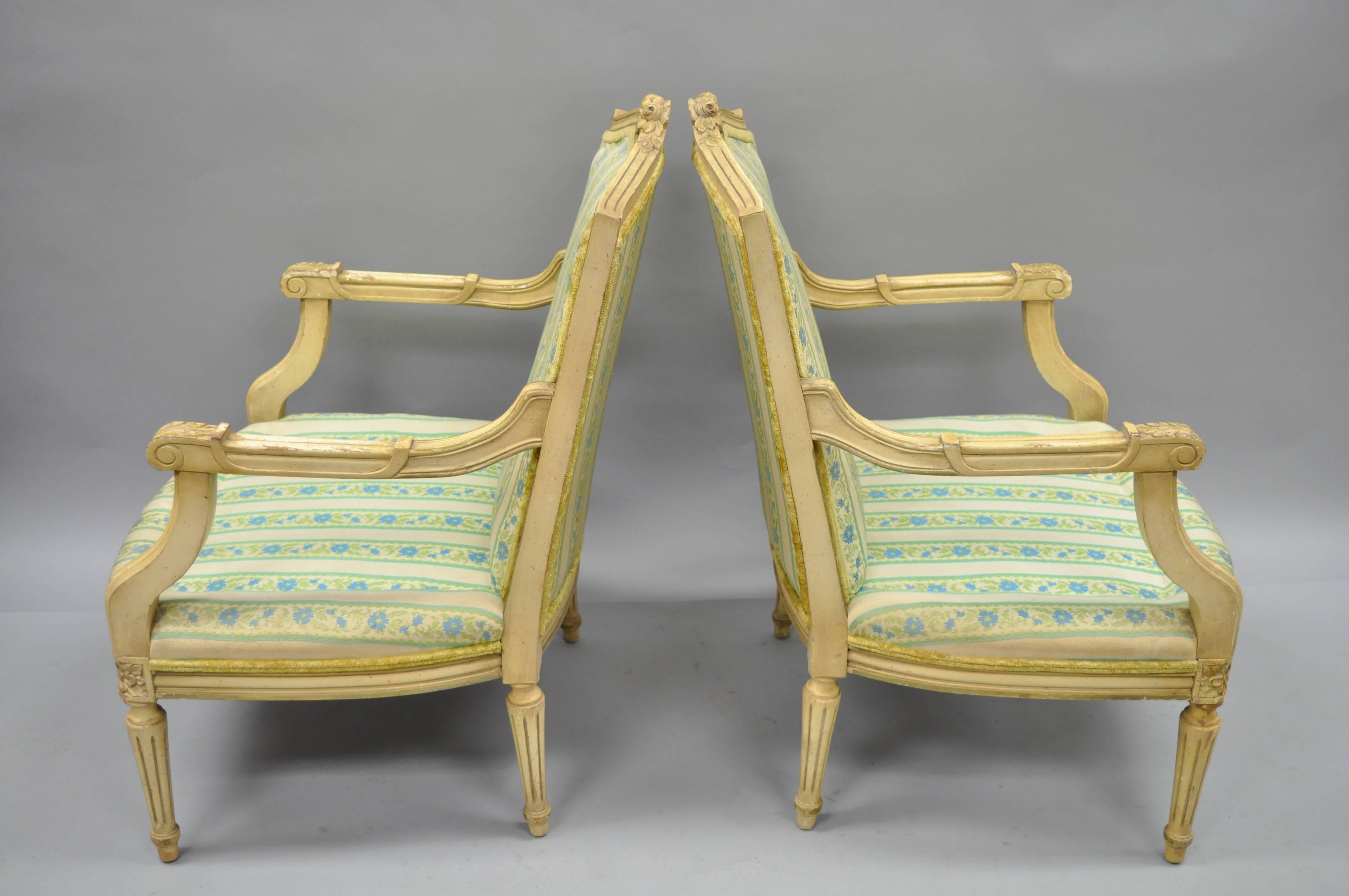 20th Century Pair of French Louis XVI Provincial Style Cream Painted Armchairs Fauteuils