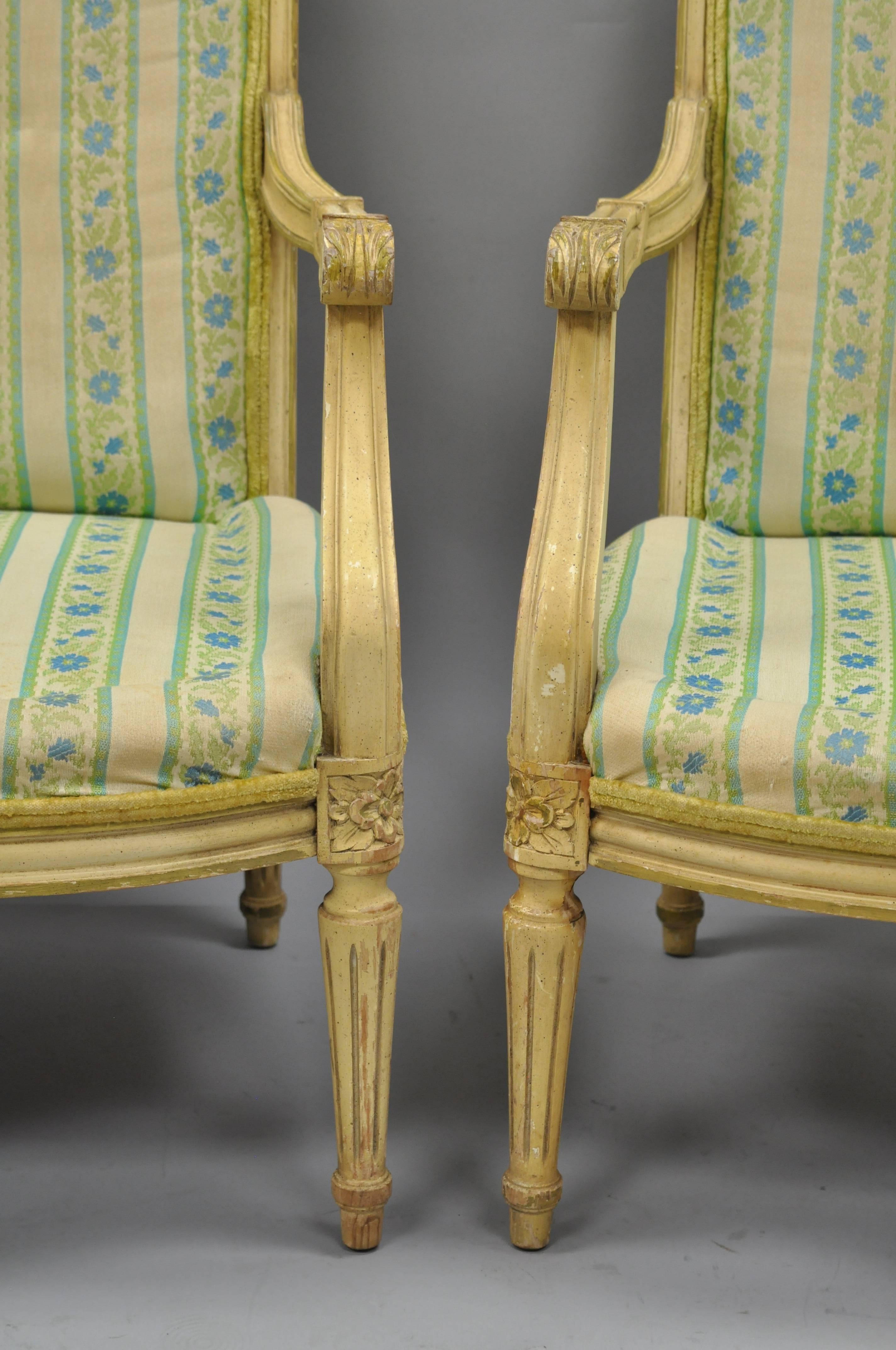 Pair of French Louis XVI Provincial Style Cream Painted Armchairs Fauteuils 1