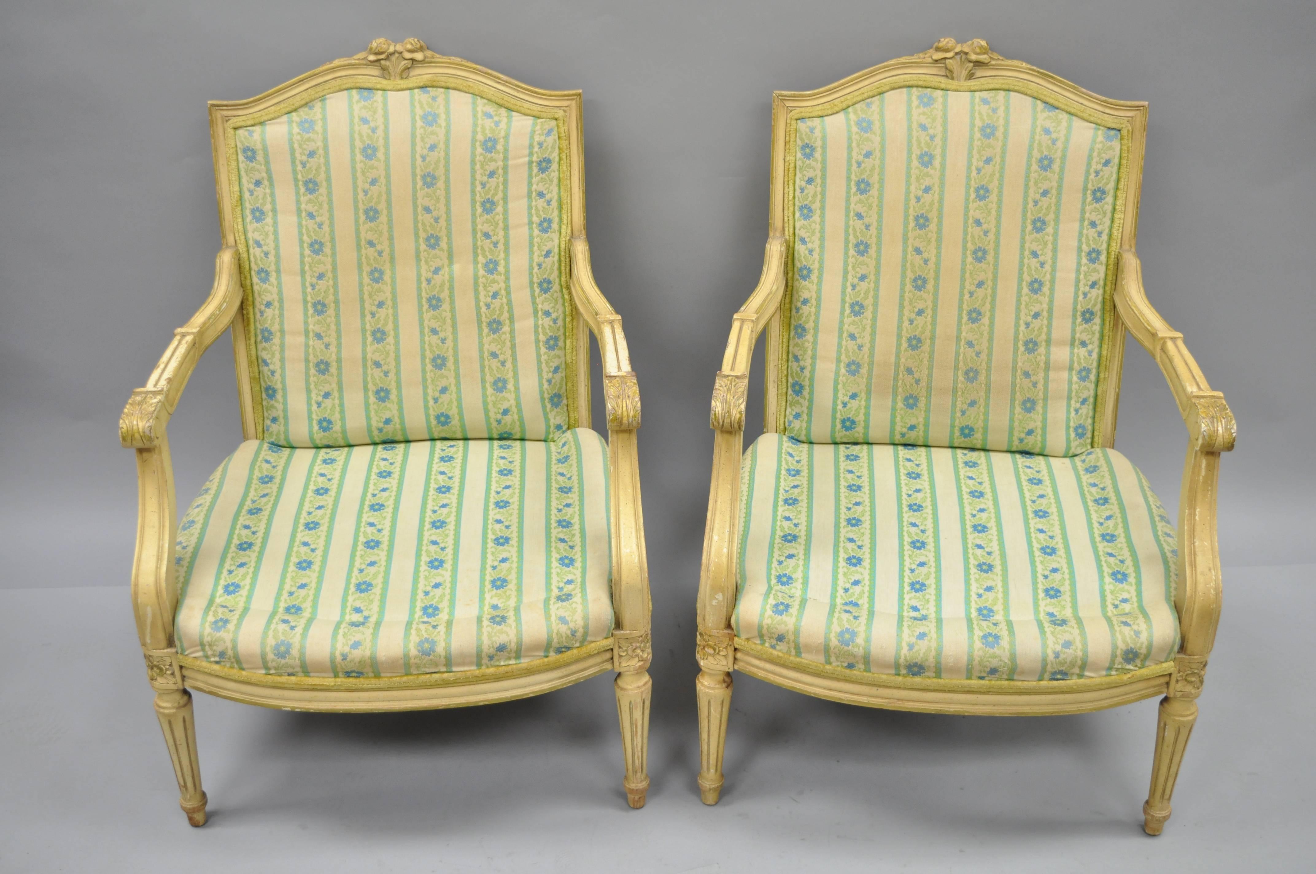 Pair of French Louis XVI Provincial Style Cream Painted Armchairs Fauteuils 2