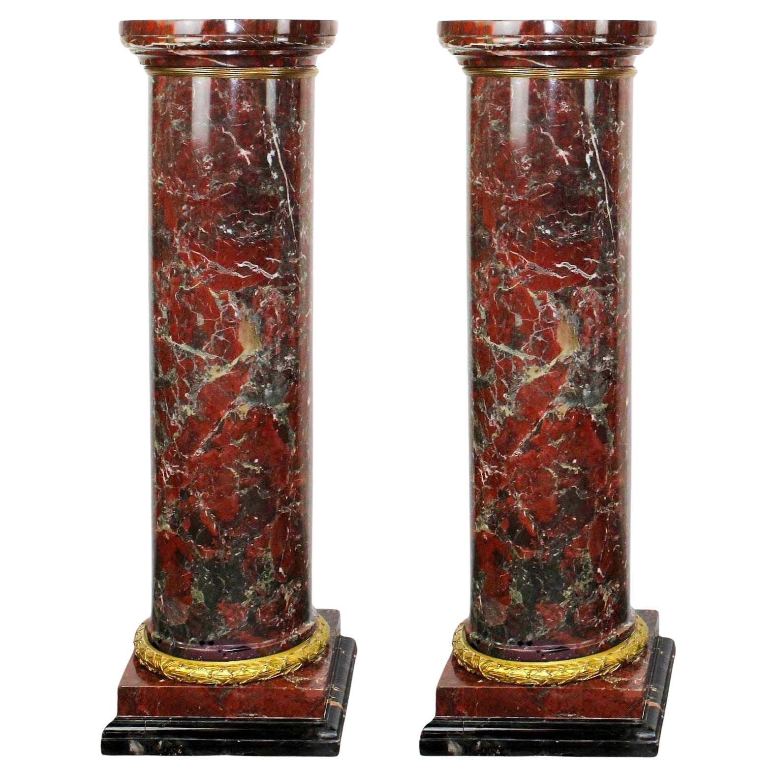 Pair of French Louis XVI Rouge Marble Columns w/ Gilt Bronze Trim, 19th Century For Sale