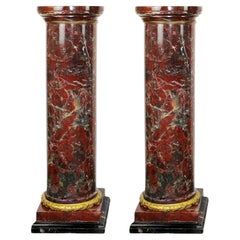 Pair of French Louis XVI Rouge Marble Columns w/ Gilt Bronze Trim, 19th Century