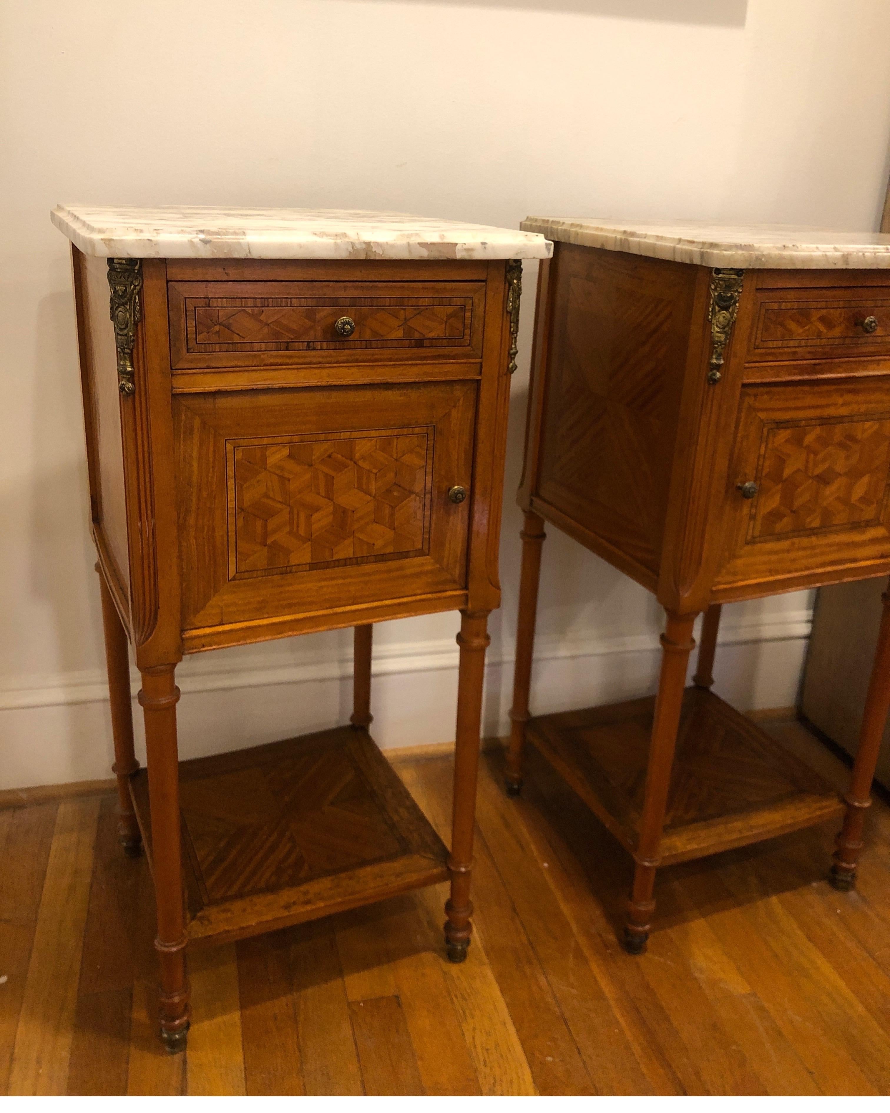 Pair of French Louis XVI Side Tables with Marble Tops In Good Condition For Sale In Los Angeles, CA