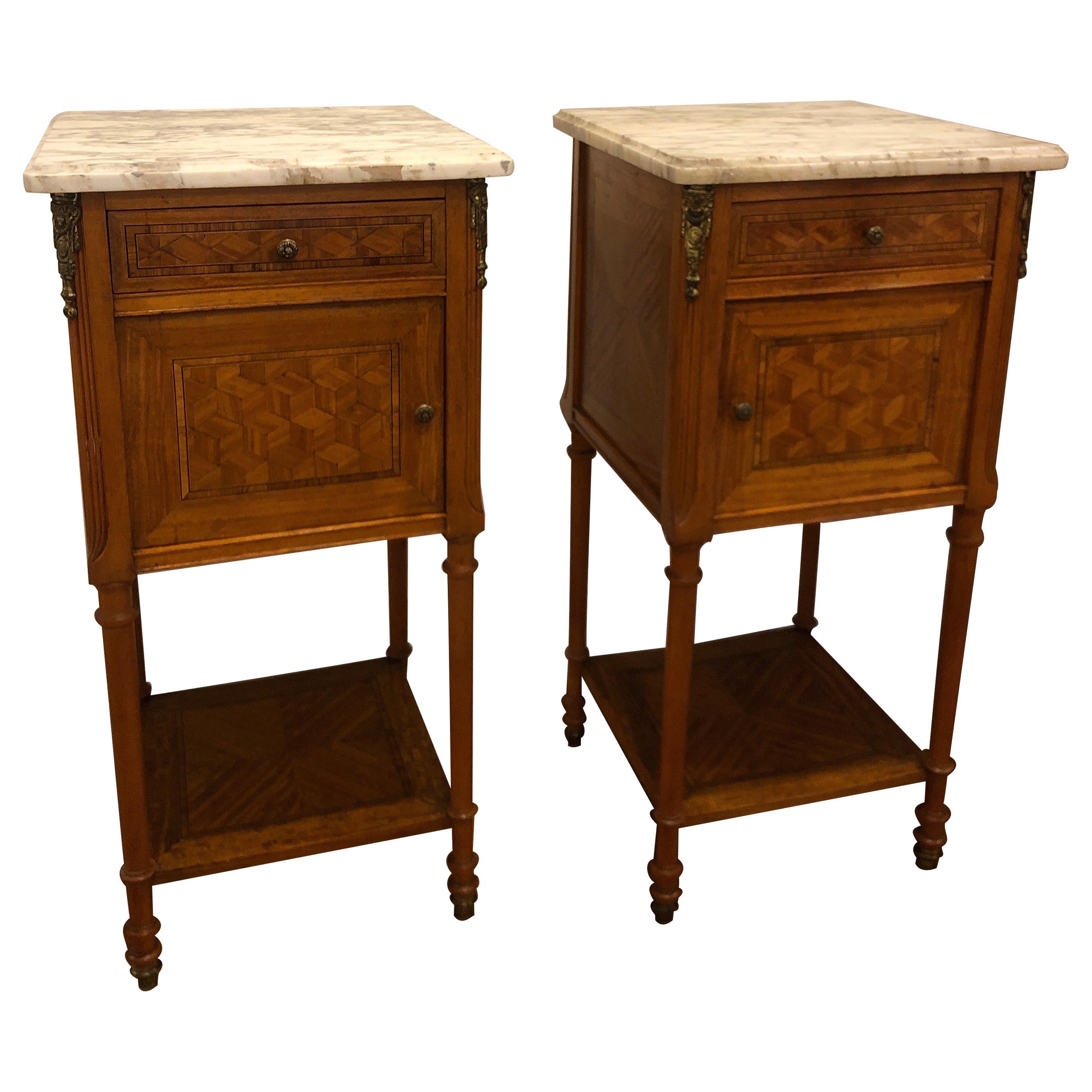 Pair of French Louis XVI Side Tables with Marble Tops For Sale