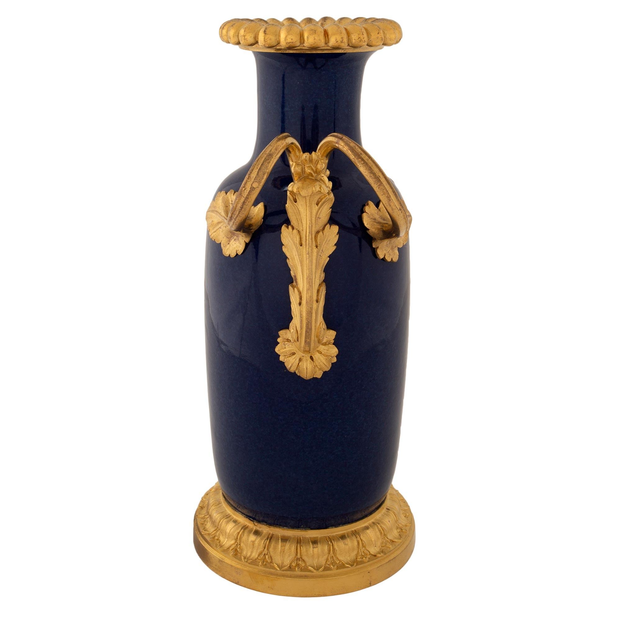 Porcelain Pair of French Louis XVI St. 19th Century Cobalt Blue and Ormolu Mounted Vases